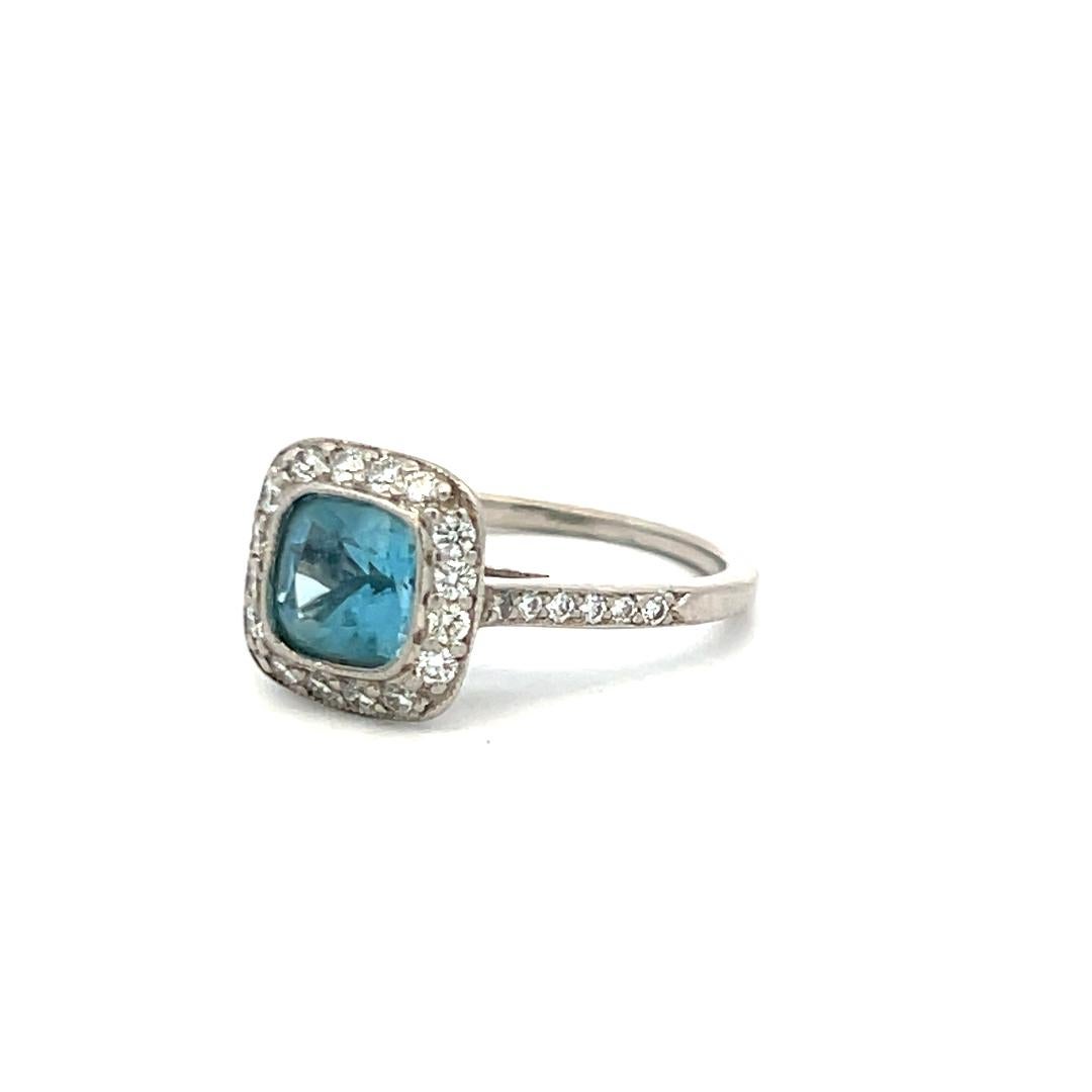 Tiffany & Co 1.06 Carat Aquamarine 0.50 Carat Round Diamond Platinum Halo Ring For Sale 1