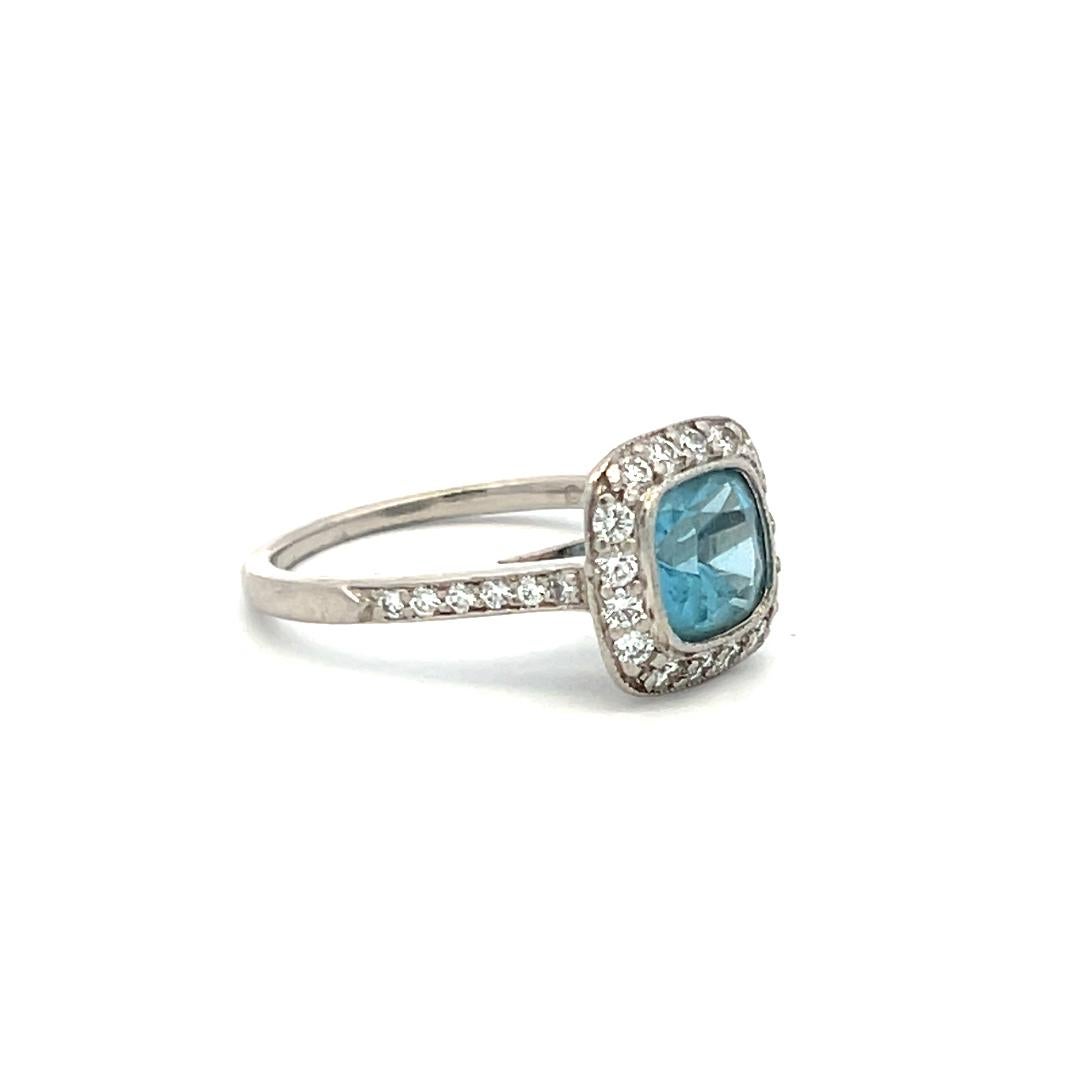 Tiffany & Co 1.06 Carat Aquamarine 0.50 Carat Round Diamond Platinum Halo Ring For Sale 2