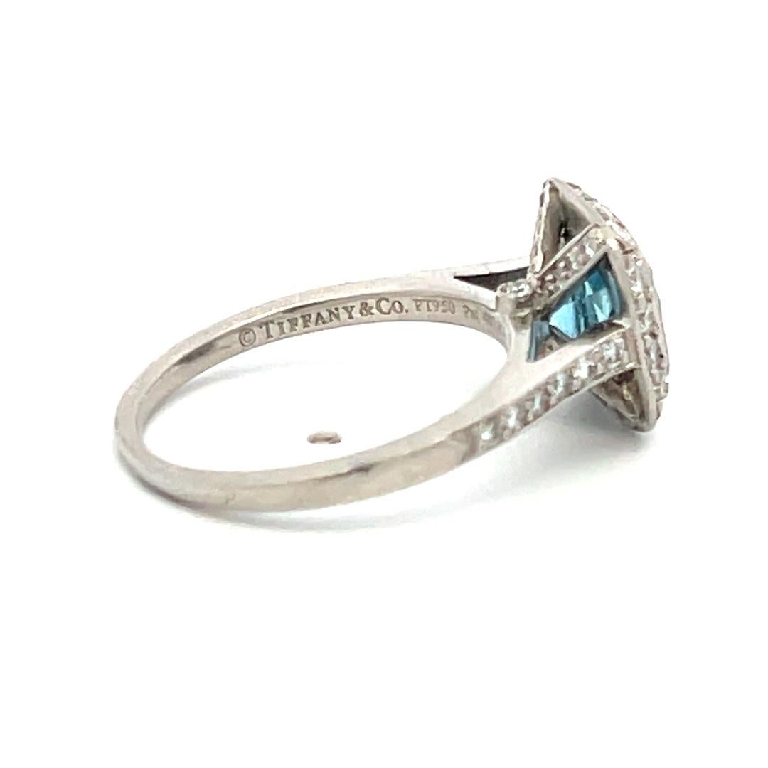 Tiffany & Co 1.06 Carat Aquamarine 0.50 Carat Round Diamond Platinum Halo Ring For Sale 3