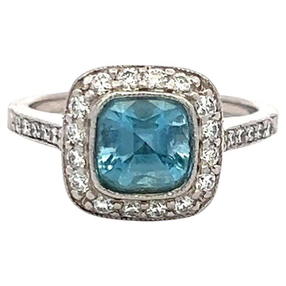 Tiffany & Co 1.06 Carat Aquamarine 0.50 Carat Round Diamond Platinum Halo Ring