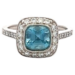 Tiffany & Co 1.06 Carat Aquamarine 0.50 Carat Round Diamond Platinum Halo Ring