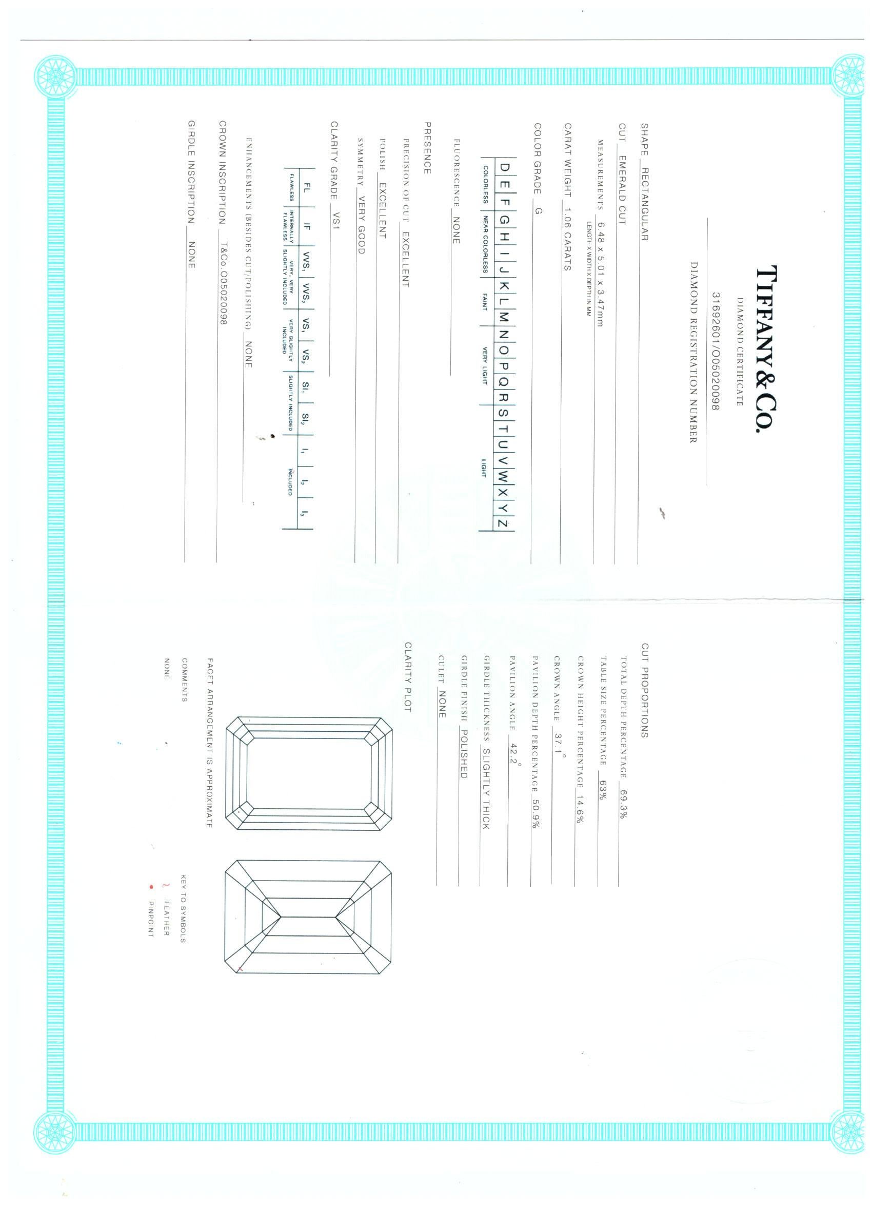 Tiffany & Co 1,06 Karat Smaragdschliff G VS1 Diamant Platin Verlobungsring im Angebot 8