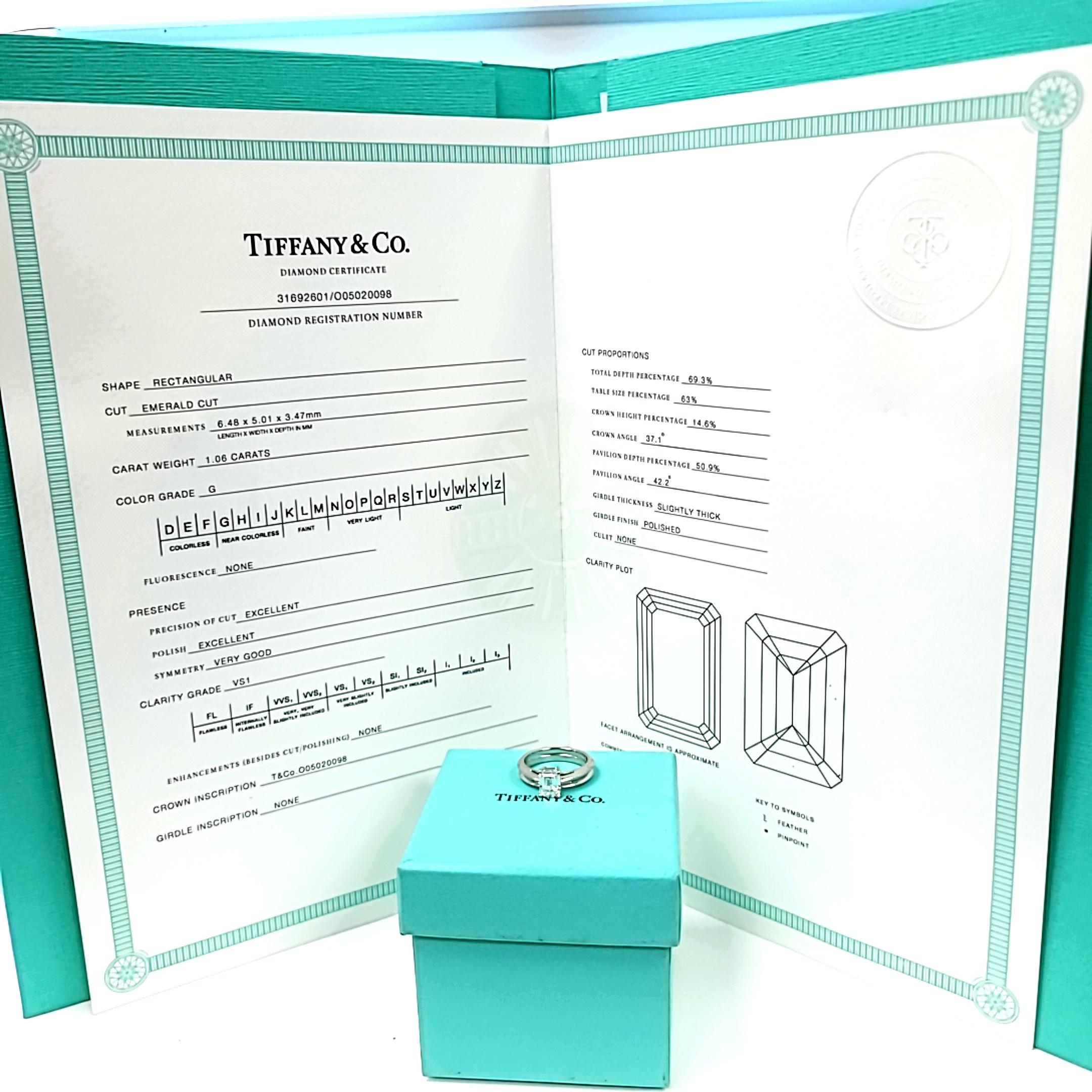 Tiffany & Co 1,06 Karat Smaragdschliff G VS1 Diamant Platin Verlobungsring im Zustand „Gut“ im Angebot in New York, NY