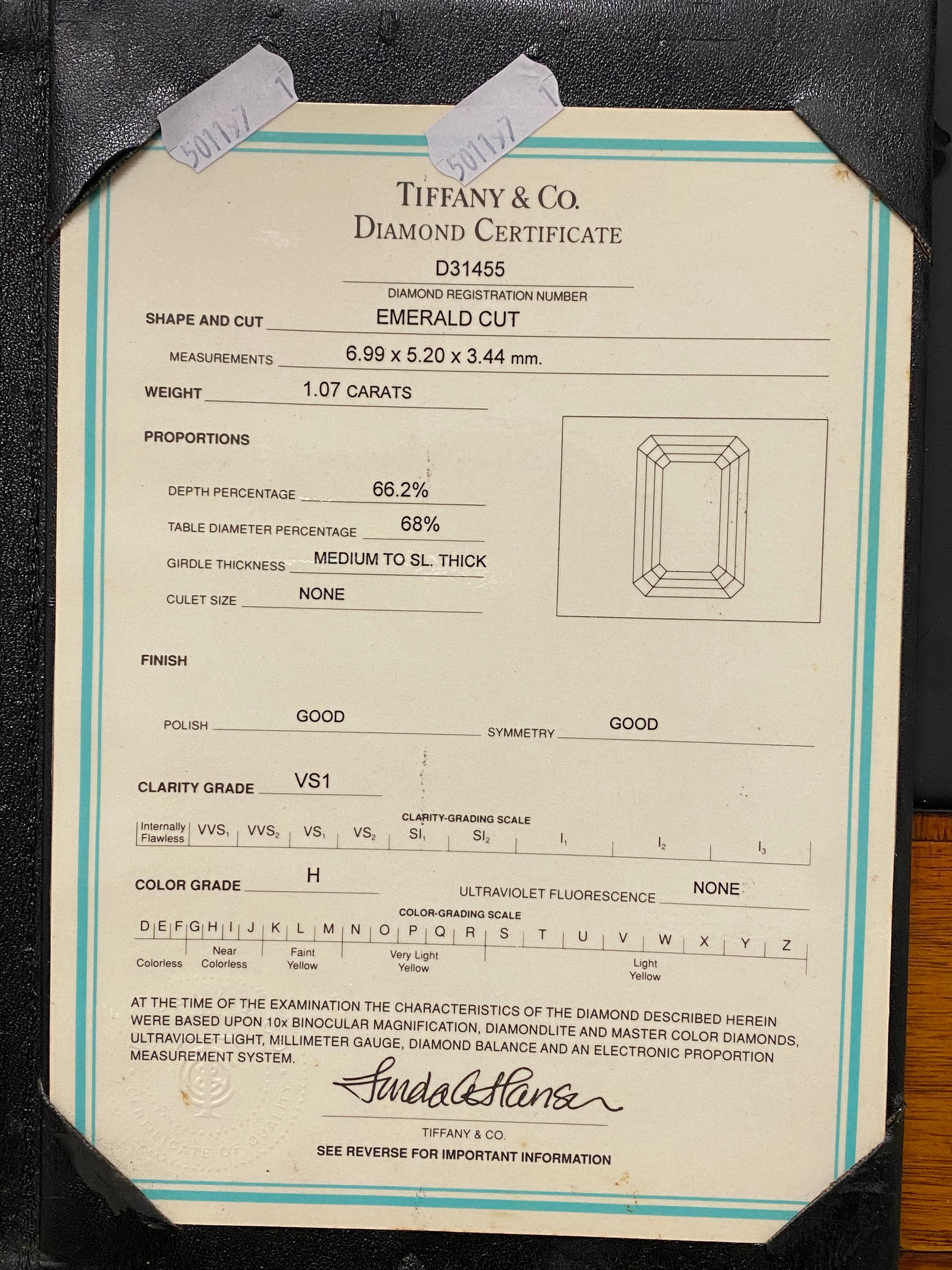 Tiffany & Co 1.07ct Emerald Cut Diamond Solitaire 950 Platinum Ring, GIA, Papers en vente 4