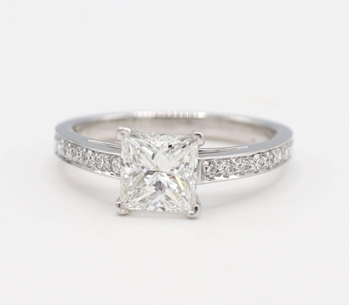 Tiffany & Co. 1.08 Carat H VVS1 Princess Cut Diamond Platinum Engagement Ring 
GIA Report number: 6224382482
T&Co.M07291768, 28443927
Diamond: 1.08 carat square modified brilliant H VVS1
Accent diamonds: Approx. .20 CTW G VS
Size: 5.5 (US)
Height: