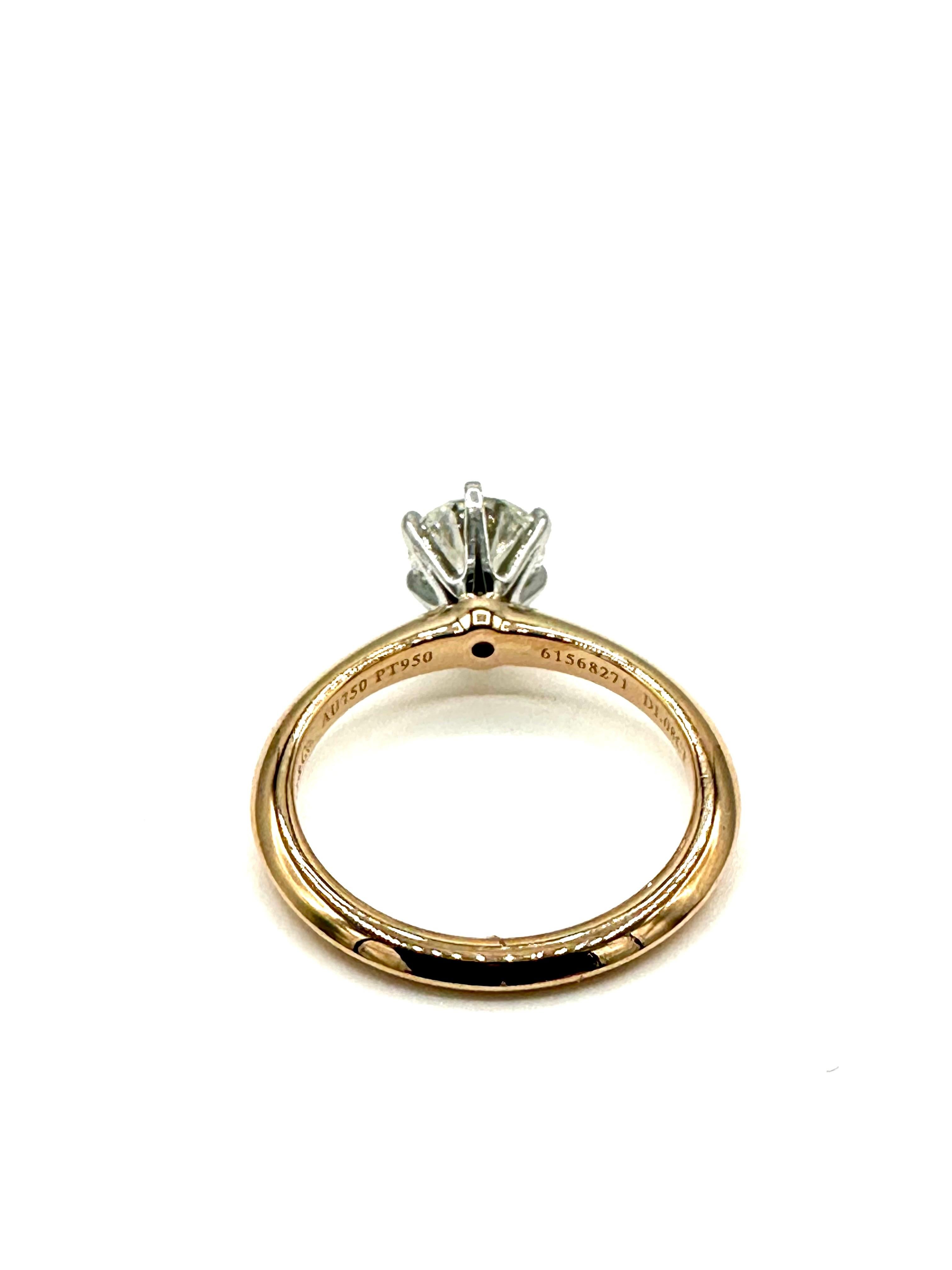 Women's or Men's Tiffany & Co. 1.08 Carat I/VVS2 Round Brilliant Diamond Six Prong Ring For Sale