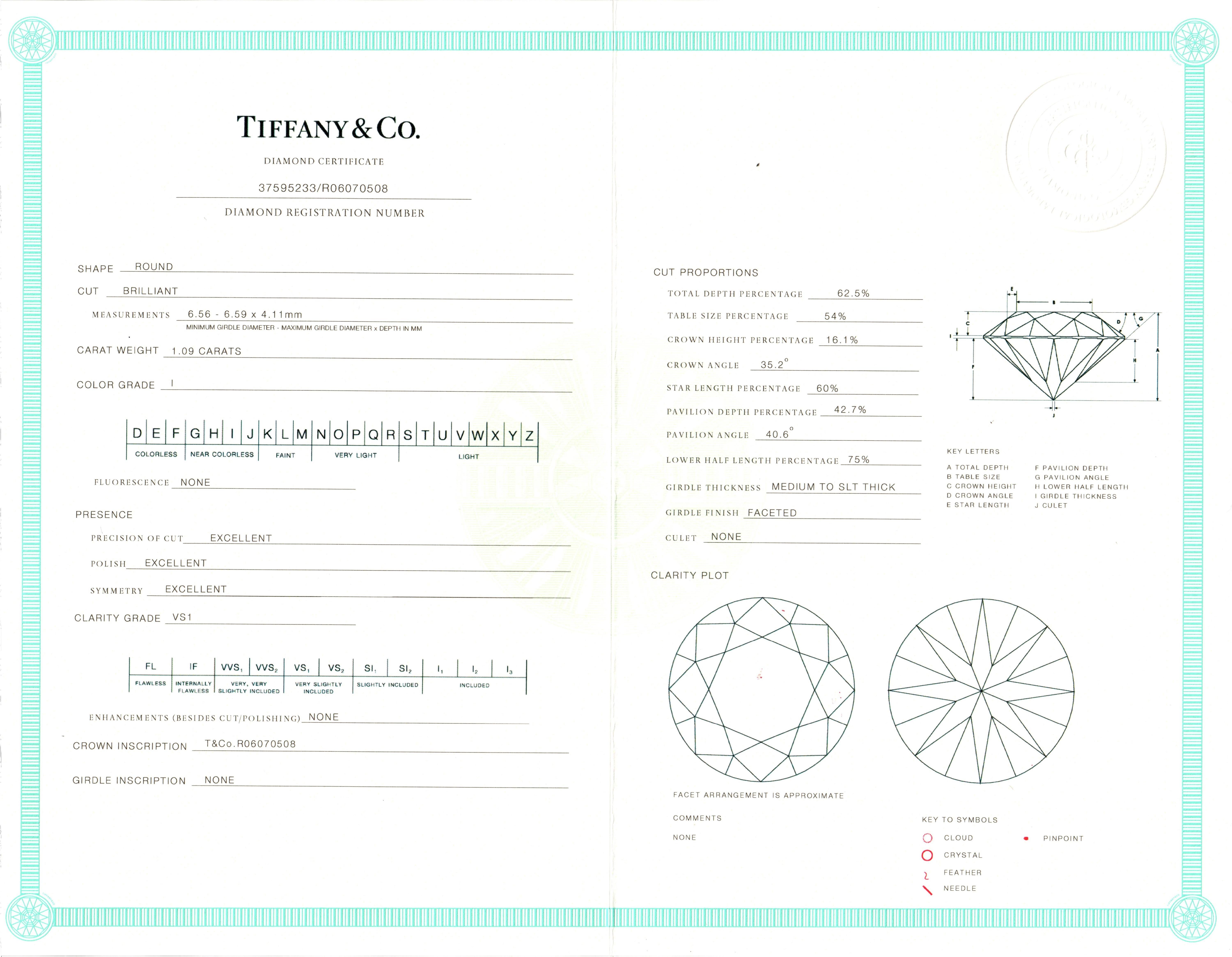 Tiffany & Co. 1.09ct I VS1 Round Brilliant Diamond Solitaire Engagement Ring In Excellent Condition For Sale In Tampa, FL