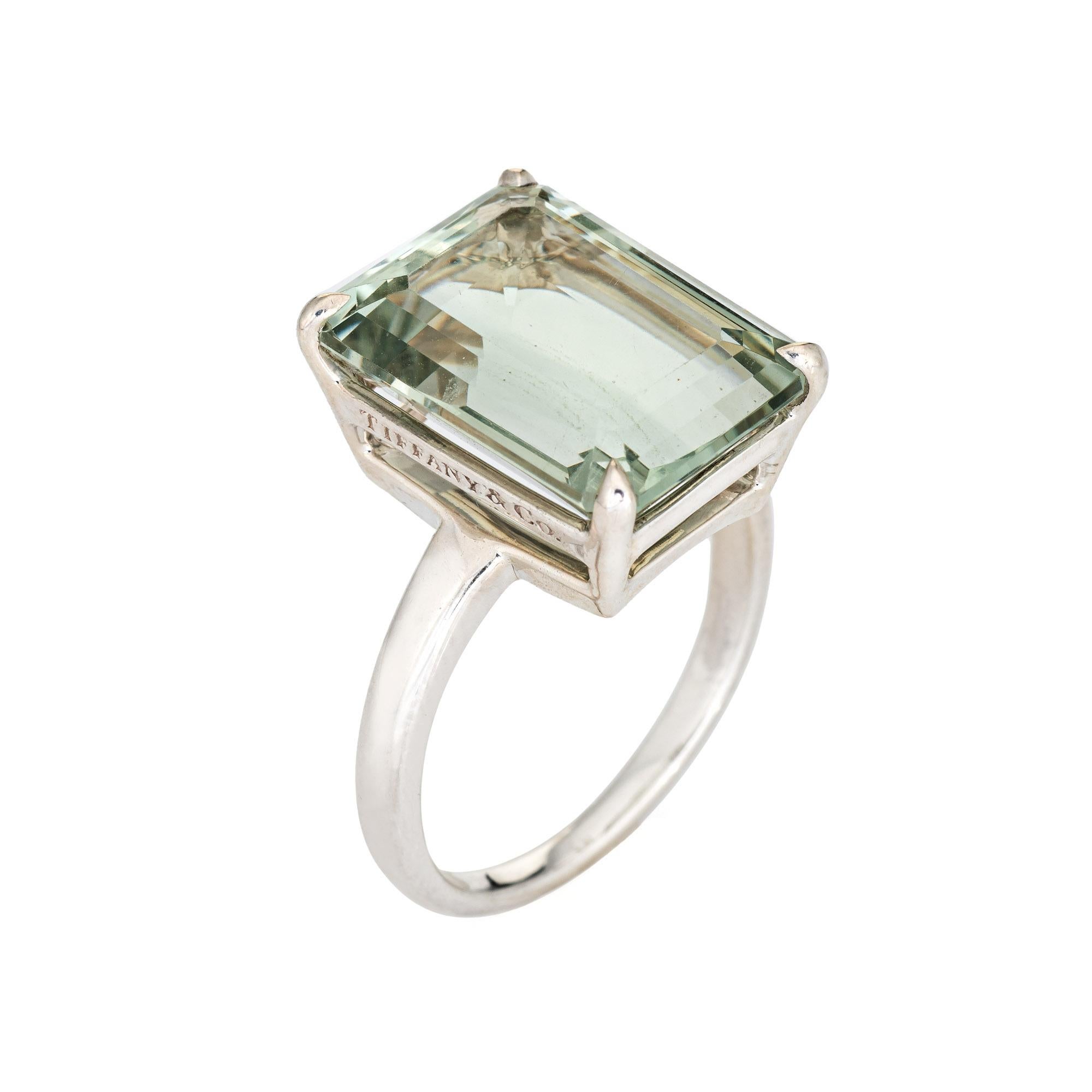 Pre-owned Tiffany & Co green amethyst ring, crafted in sterling silver.  

Emerald cut green amethyst measures 16mm x 12mm (estimated at 10 carats). The quartz is in very good condition and free of cracks or chips. 

The retired ring is from the