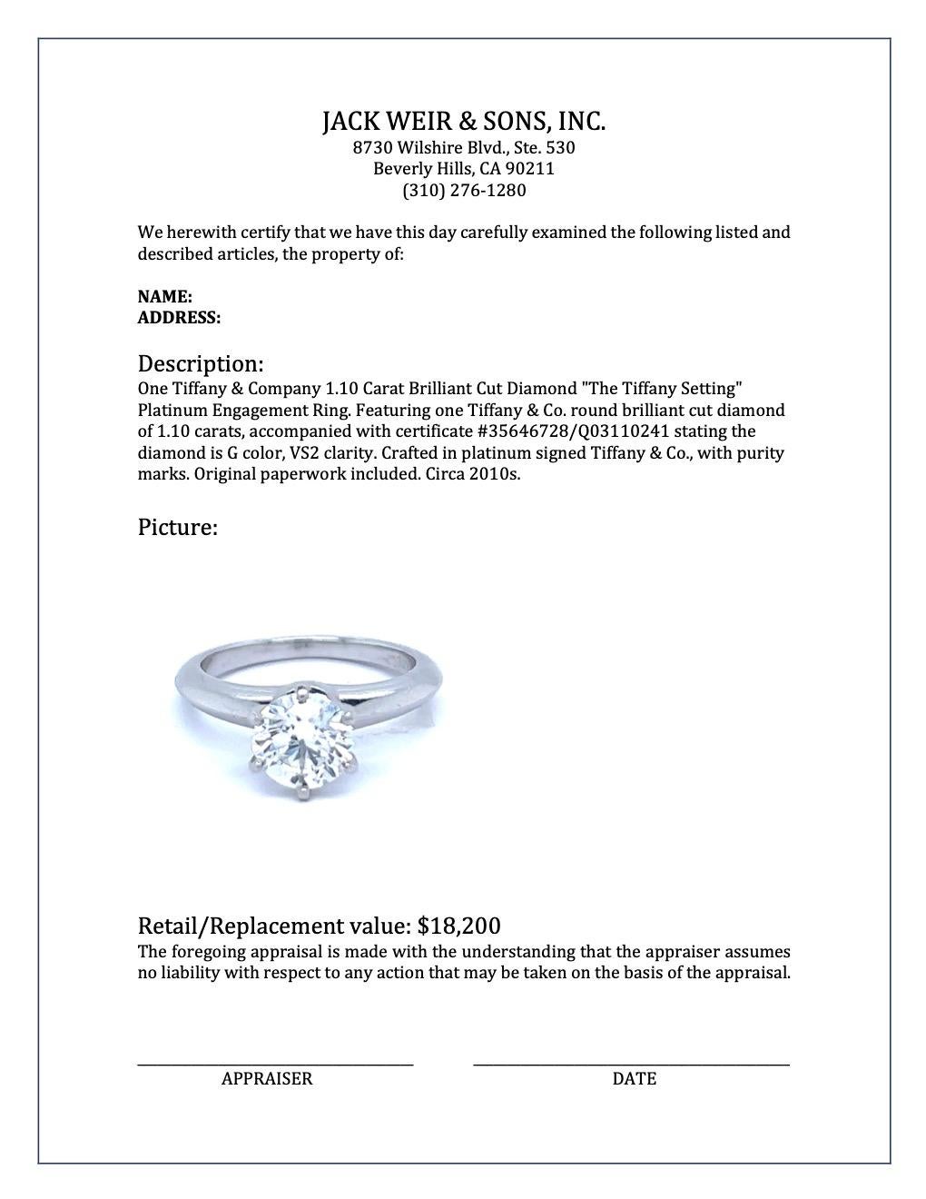 Round Cut Tiffany & Co. 1.10 Carat Diamond 