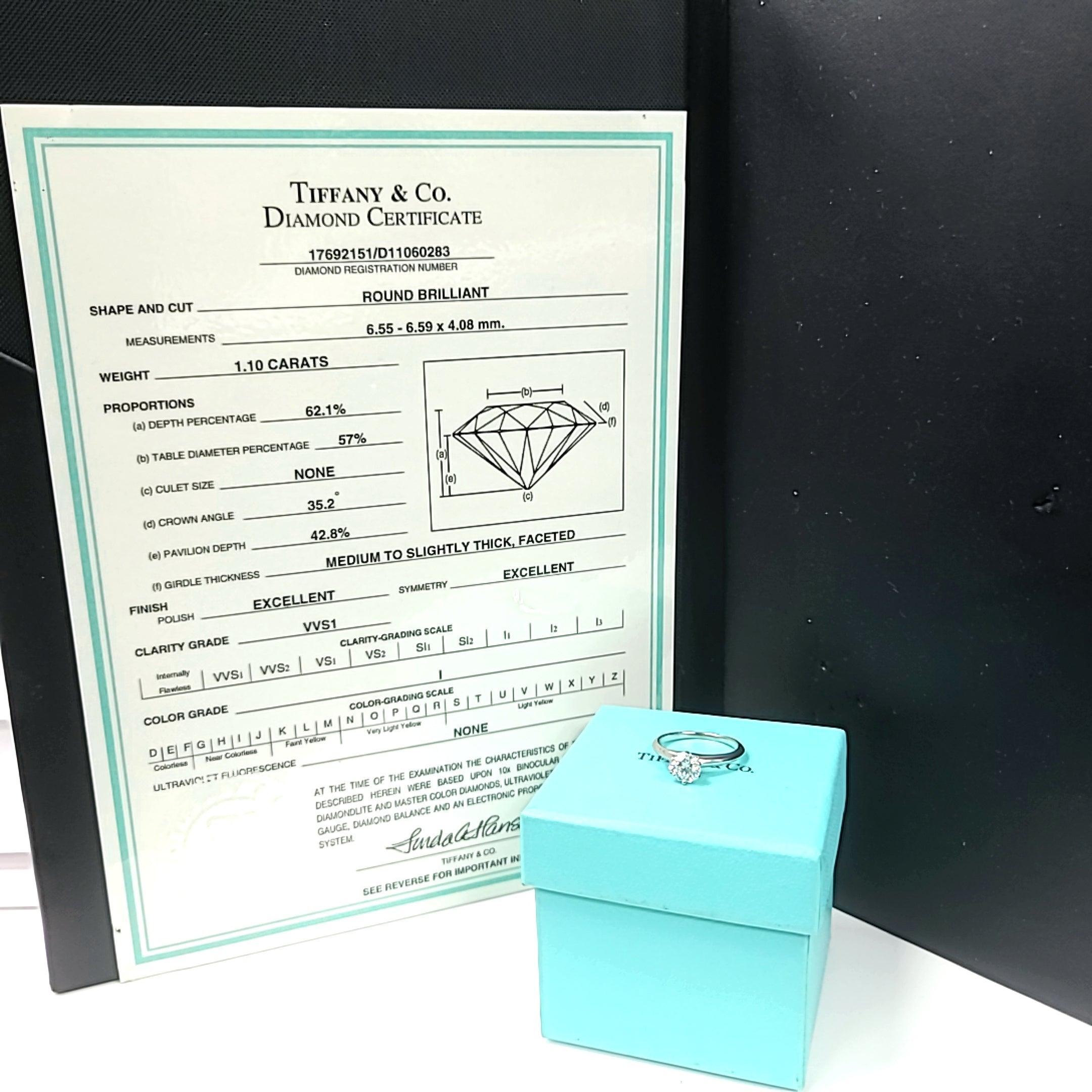 Tiffany & Co 1.10 Carat Round Brilliant Diamond White Platinum Engagement Ring