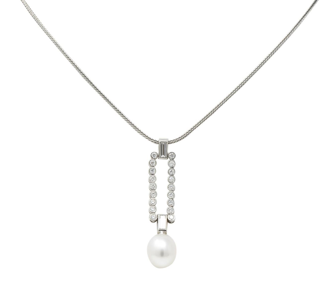 Drop pendant designed as rectangular form comprised of bezel set baguette cut and round brilliant cut diamonds weighing approximately 1.10 carats total, F/G color and VS clarity

Featuring a pearl drop measuring 12.3 x 10.4mm, white in body color