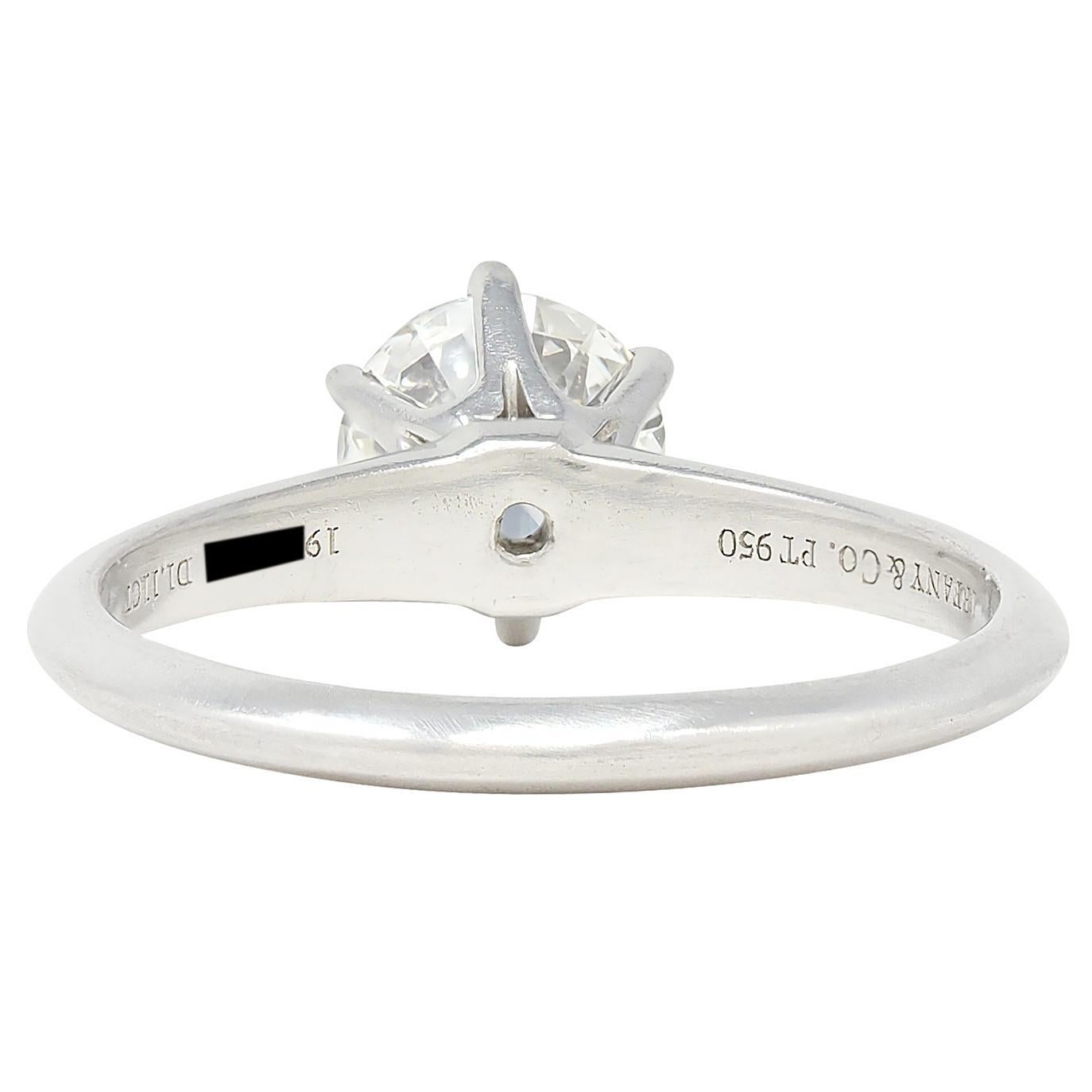 Brilliant Cut Tiffany & Co. 1.11 Carat Round Diamond Platinum Solitaire Engagement Ring GIA For Sale