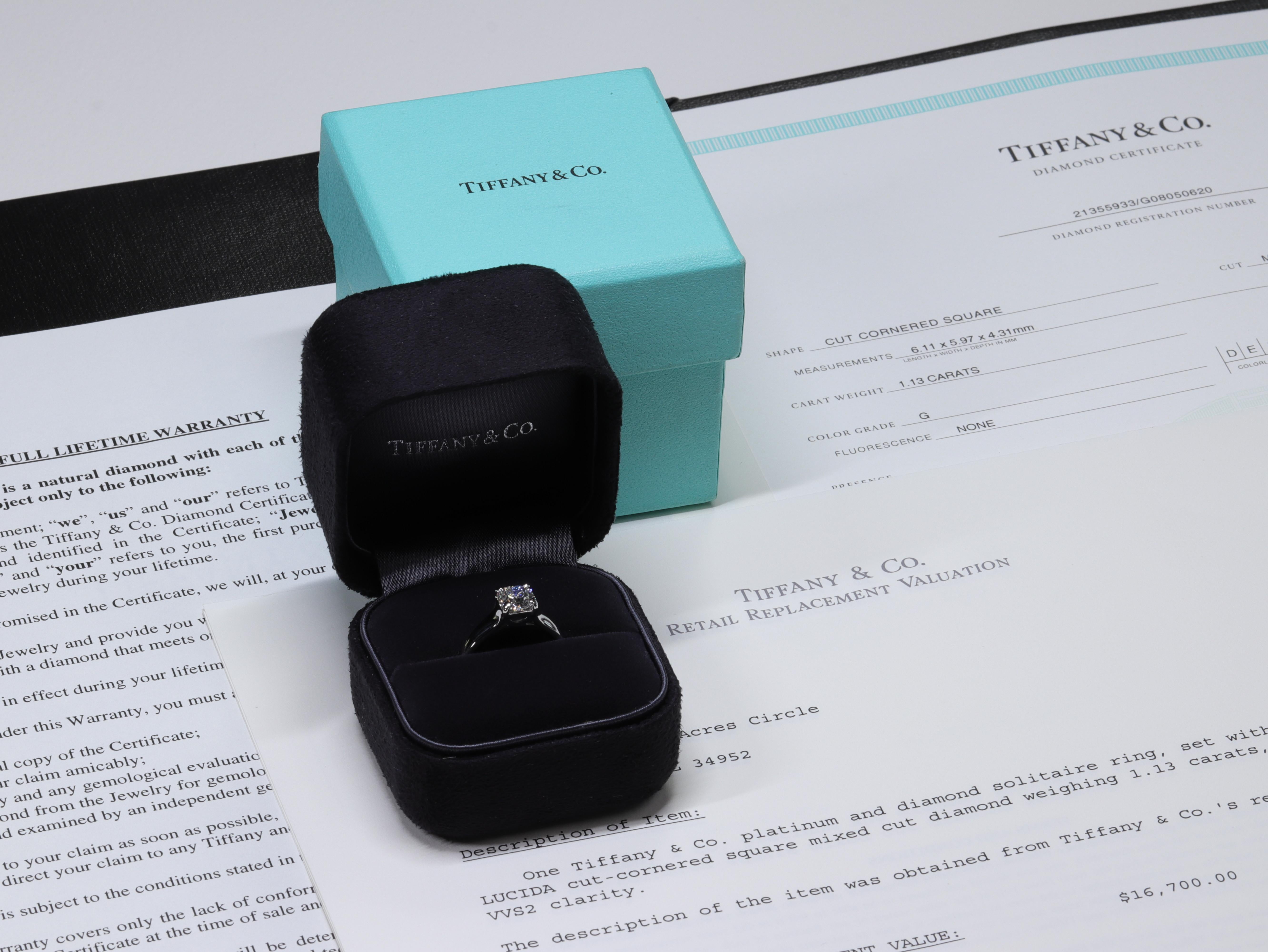 Tiffany & Co. 1.13ct G VVS2 Lucida Radiant Cut Solitaire Engagement Ring For Sale 4