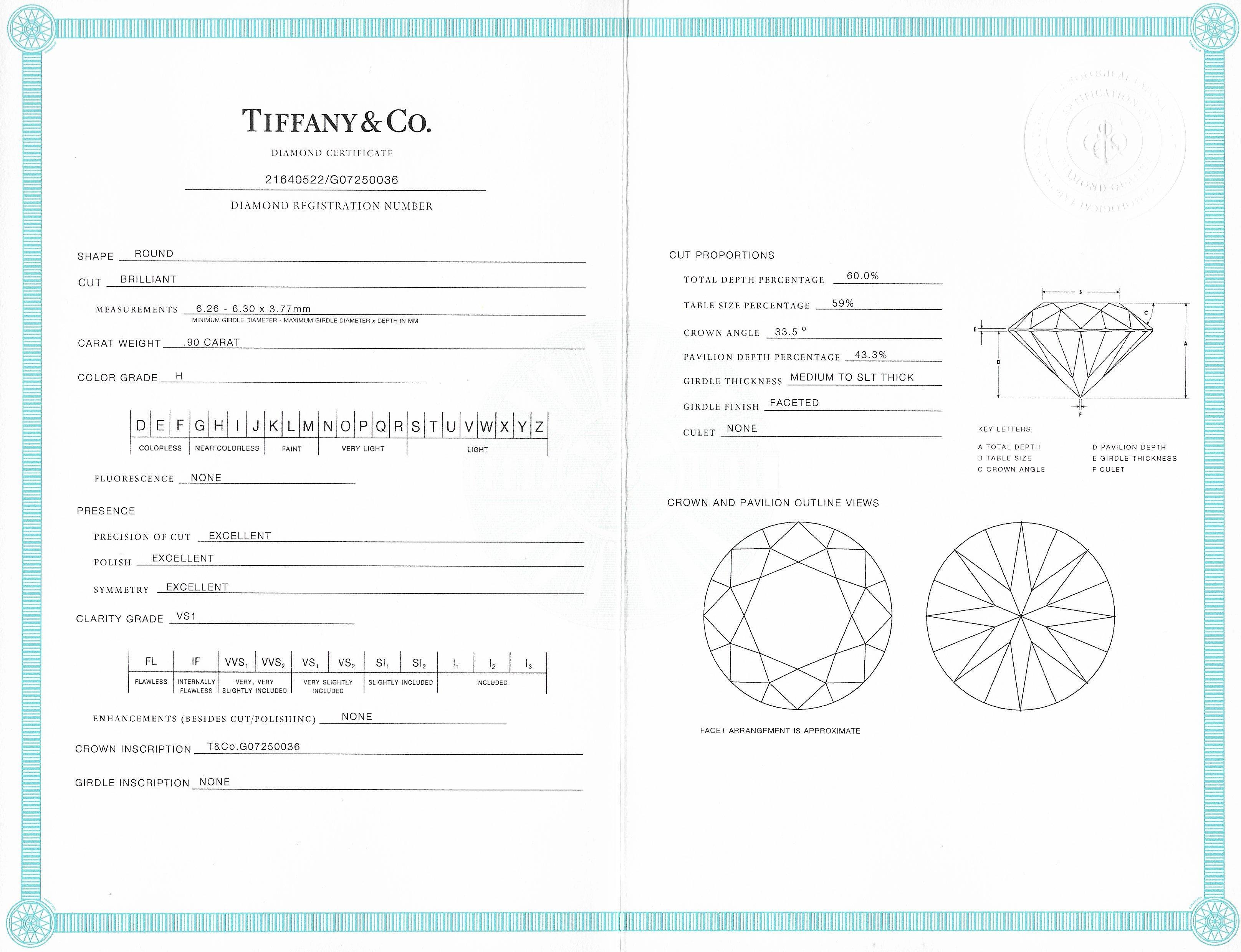 Tiffany & Co. Bague de fianailles solitaire en platine avec diamants de 1,14 carat certifis GIA en vente 9