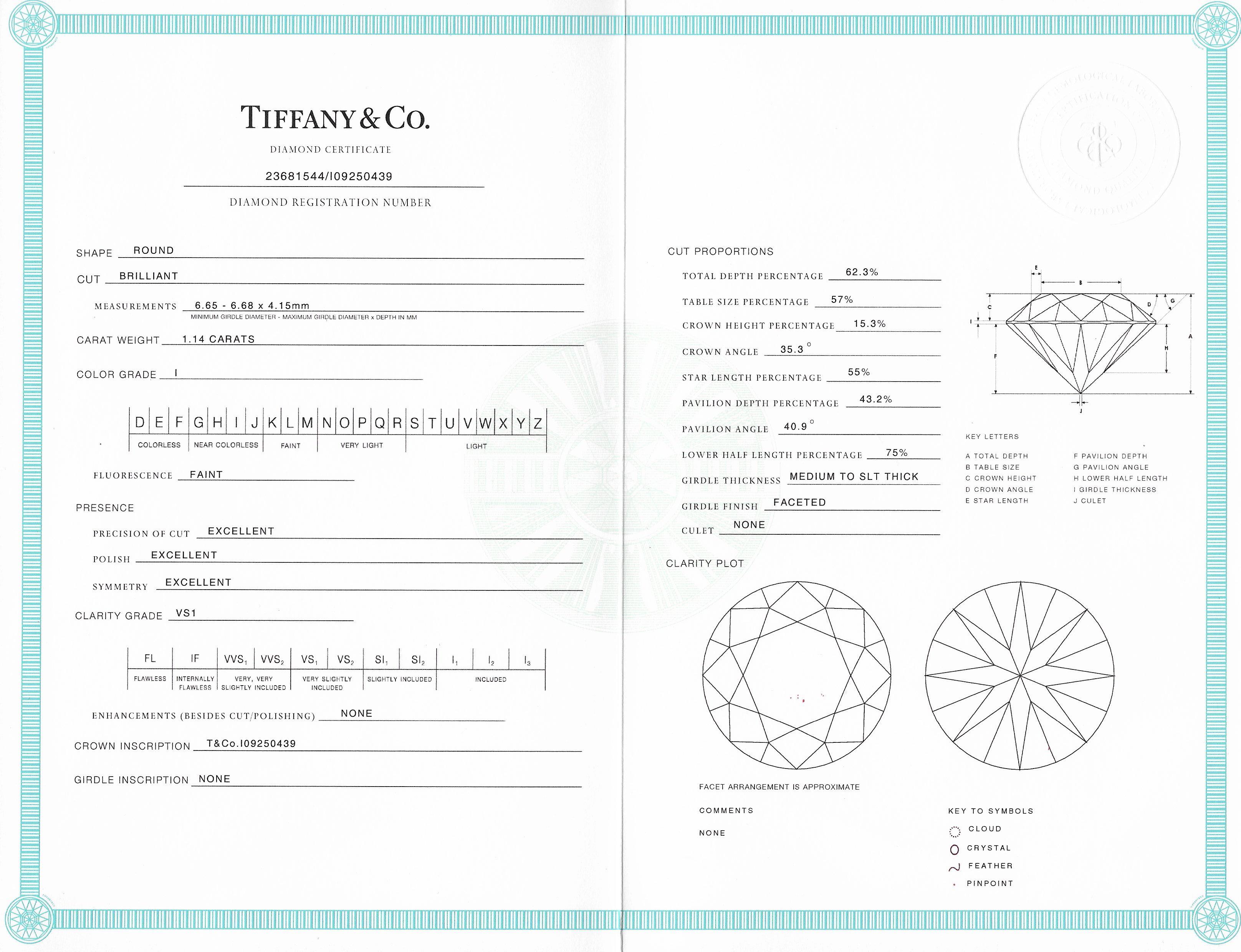 Round Cut Tiffany & Co. 1.14 Carats Diamond Platinum Solitaire Engagement Ring GIA 