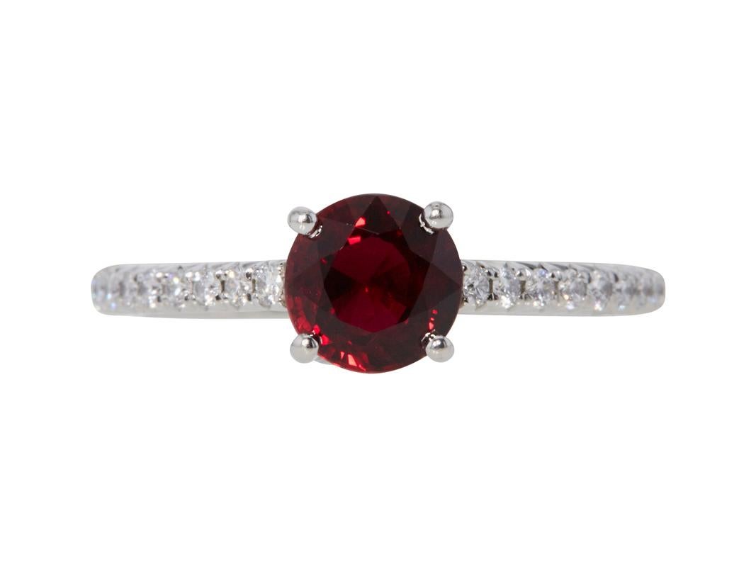 Brilliant Cut Tiffany & Co 1.17 Carat Ruby 0.20 Carat Round Diamond Platinum Engagement Ring For Sale