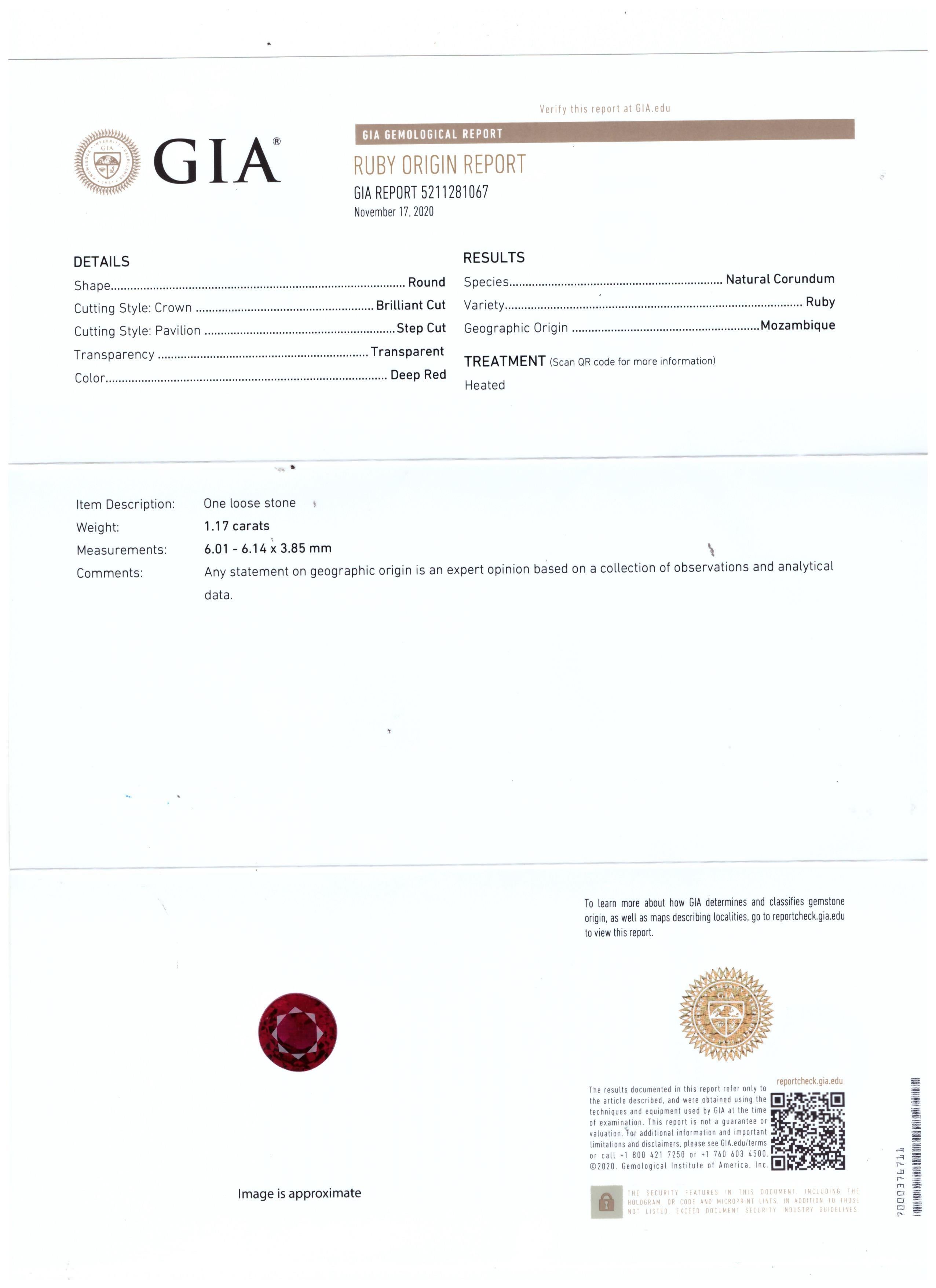 Tiffany & Co 1.17 Carat Ruby 0.20 Carat Round Diamond Platinum Engagement Ring For Sale 1