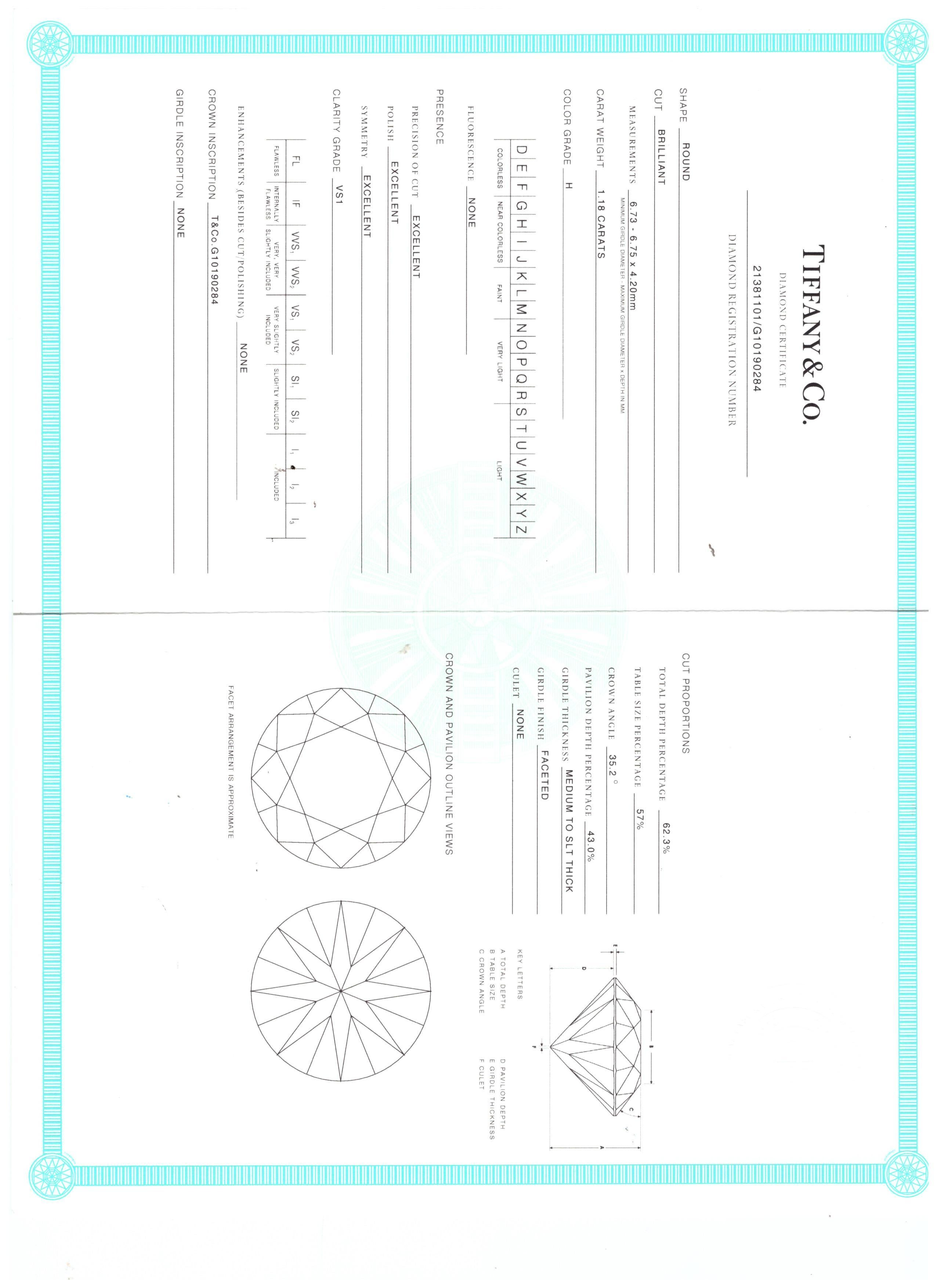 Tiffany & Co. Anello di fidanzamento in platino con diamante tondo brillante G VS1 da 1,18 carati in vendita 6