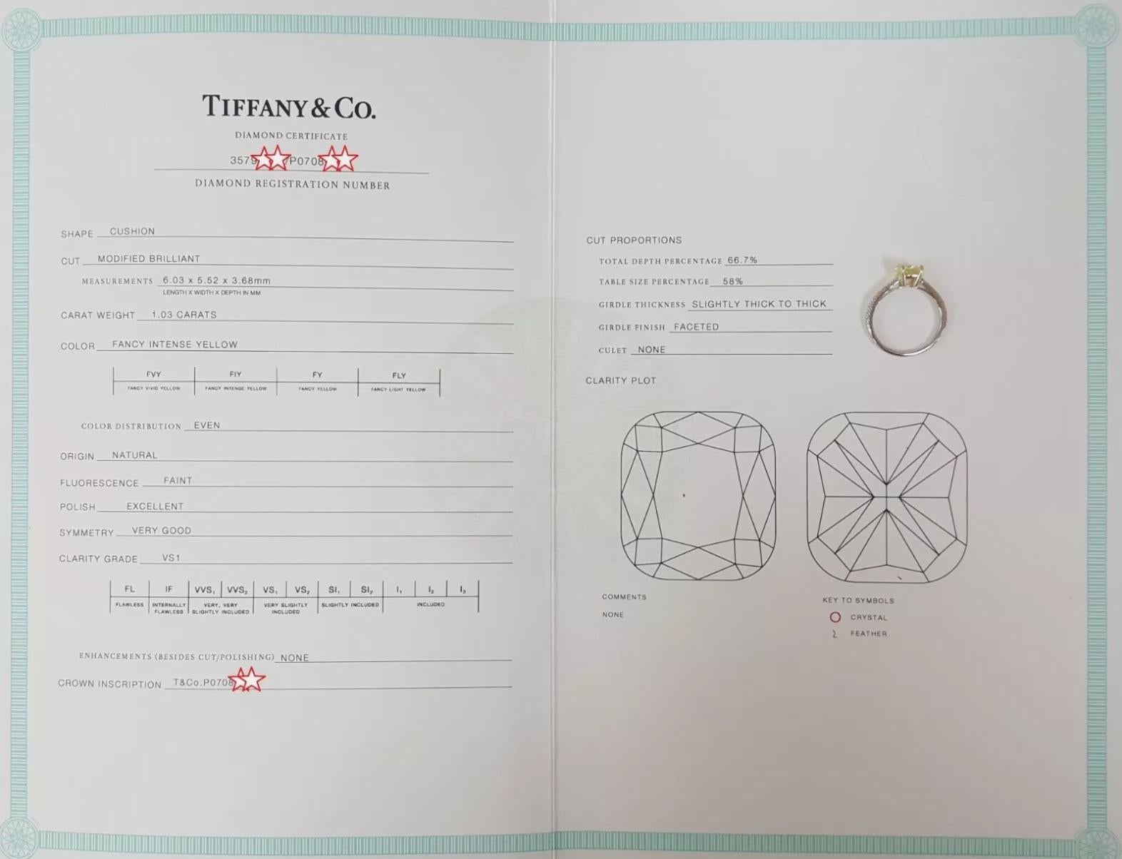 Tiffany & Co., 1.19 Carat Fancy Intense Yellow Cushion Diamond Engagement Ring For Sale 1