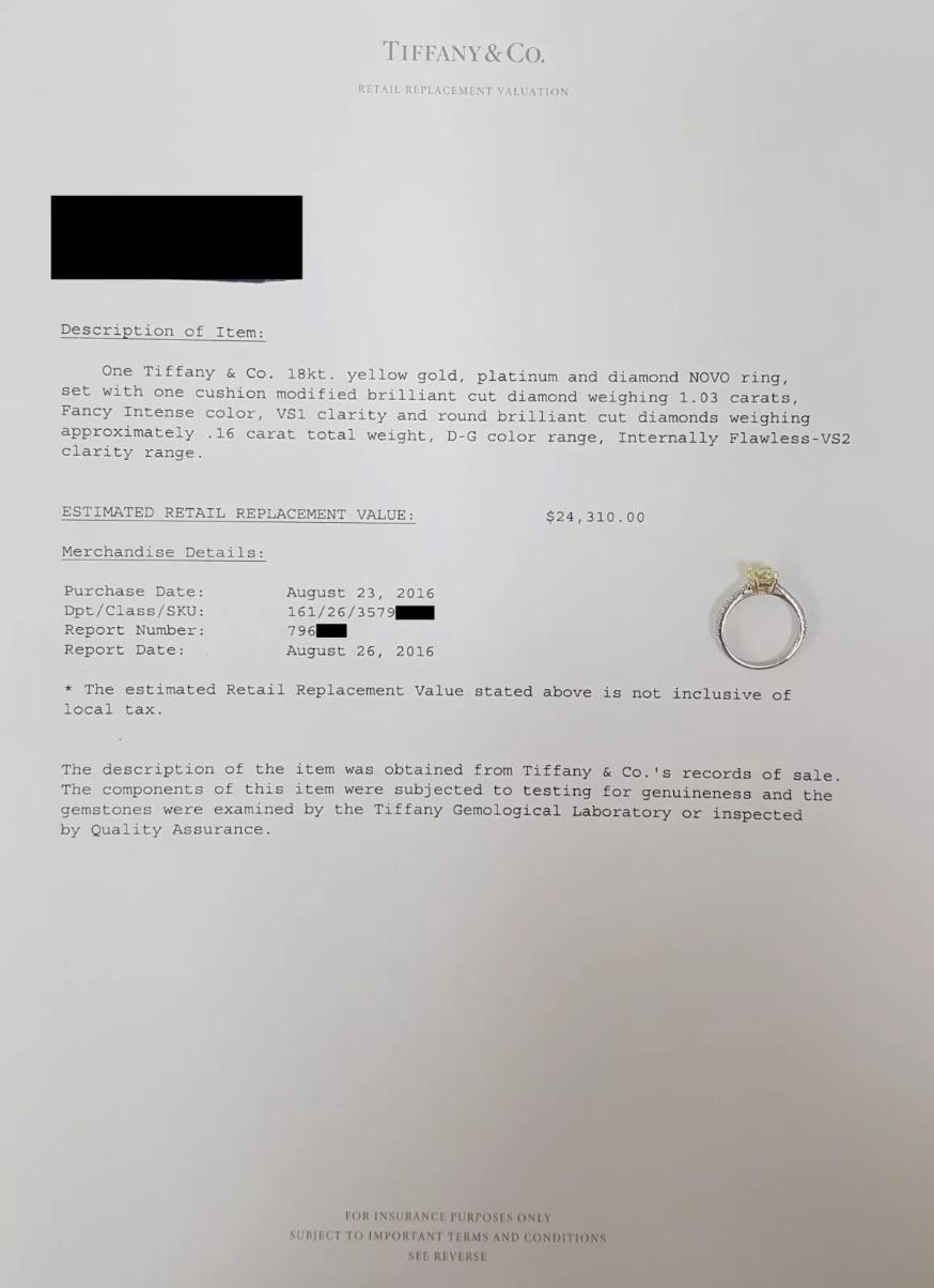 Tiffany & Co., 1.19 Carat Fancy Intense Yellow Cushion Diamond Engagement Ring For Sale 2