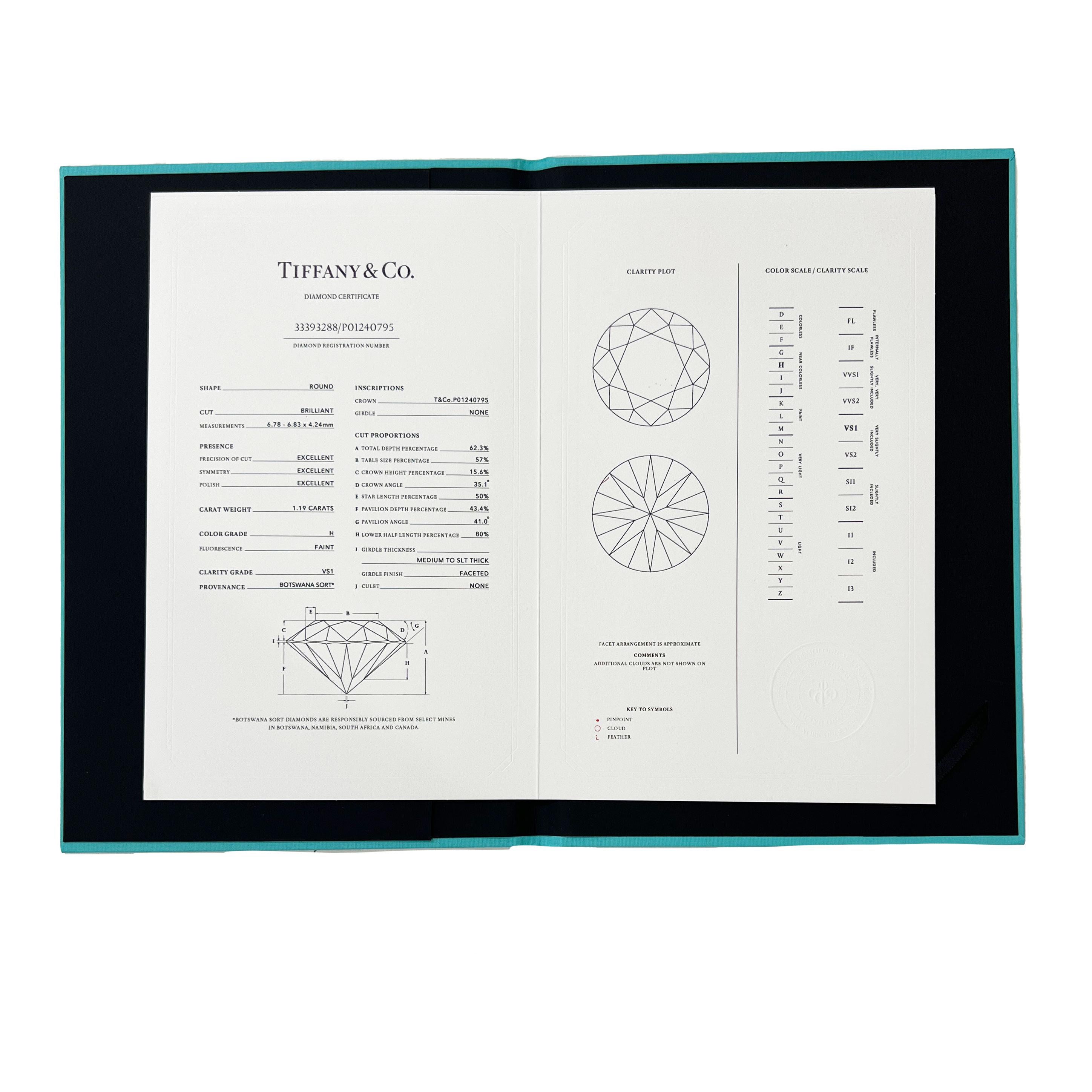 Tiffany & Co. Bague de fiançailles à diamants ronds et brillants de 1.19 ct Excellent état - En vente à New York, NY