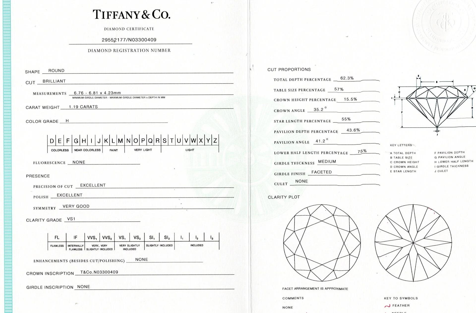 Taille ronde Tiffany & Co. 1.19ct Round Brilliant Diamond Solitaire Ring in 18k & Plat en vente