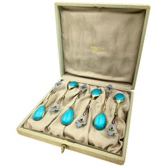 Tiffany & Co 11th Artel Antique Russian Silver Guilloche Enamel Set of Teaspoons