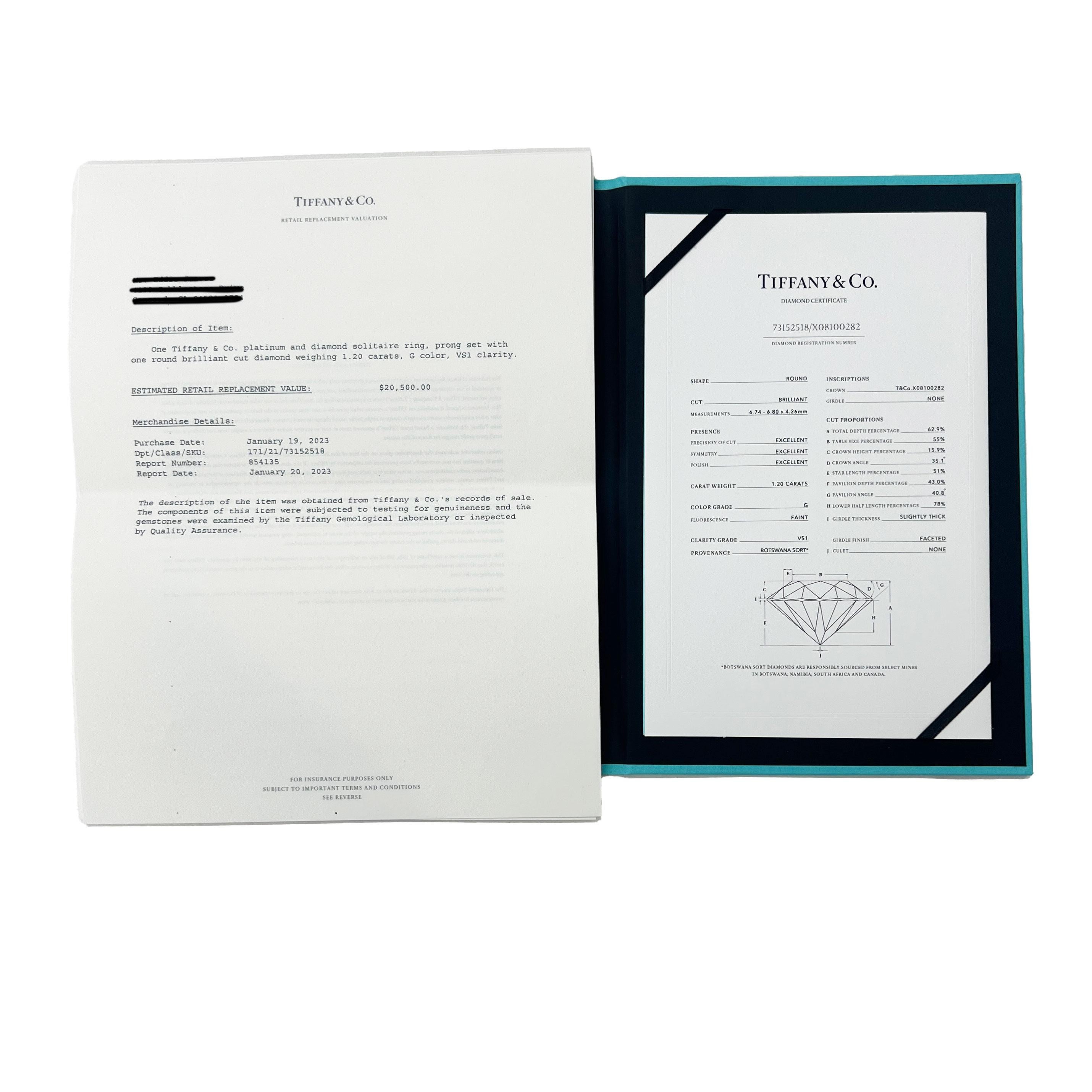 Tiffany & Co. 1,20 ct. Diamant- Solitär-Ring im Zustand „Hervorragend“ im Angebot in New York, NY