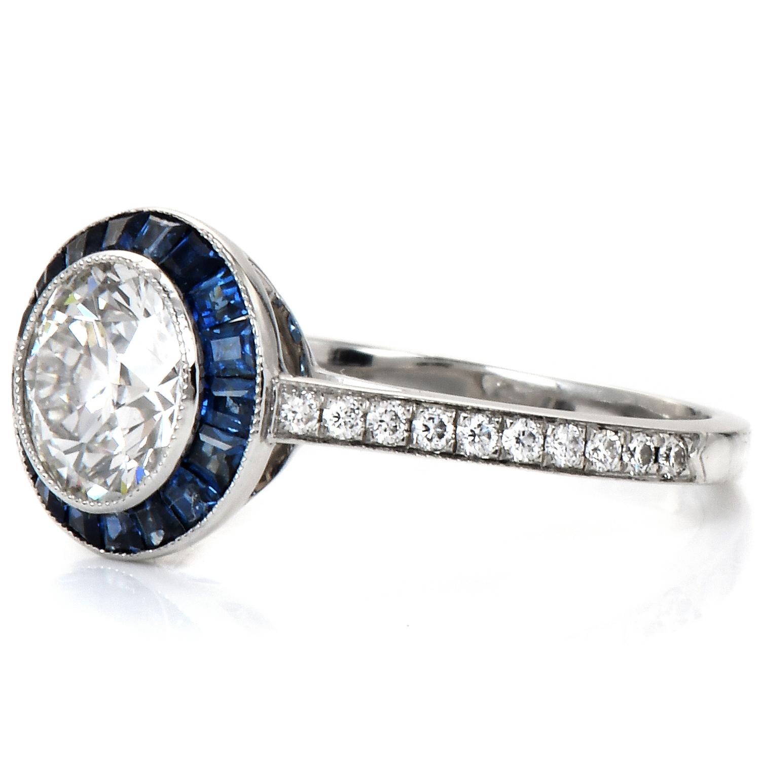 Verlobungsring mit 1,23 Karat Diamant und blauem Saphir aus Platin mit Halo von Tiffany & Co. im Zustand „Hervorragend“ in Miami, FL