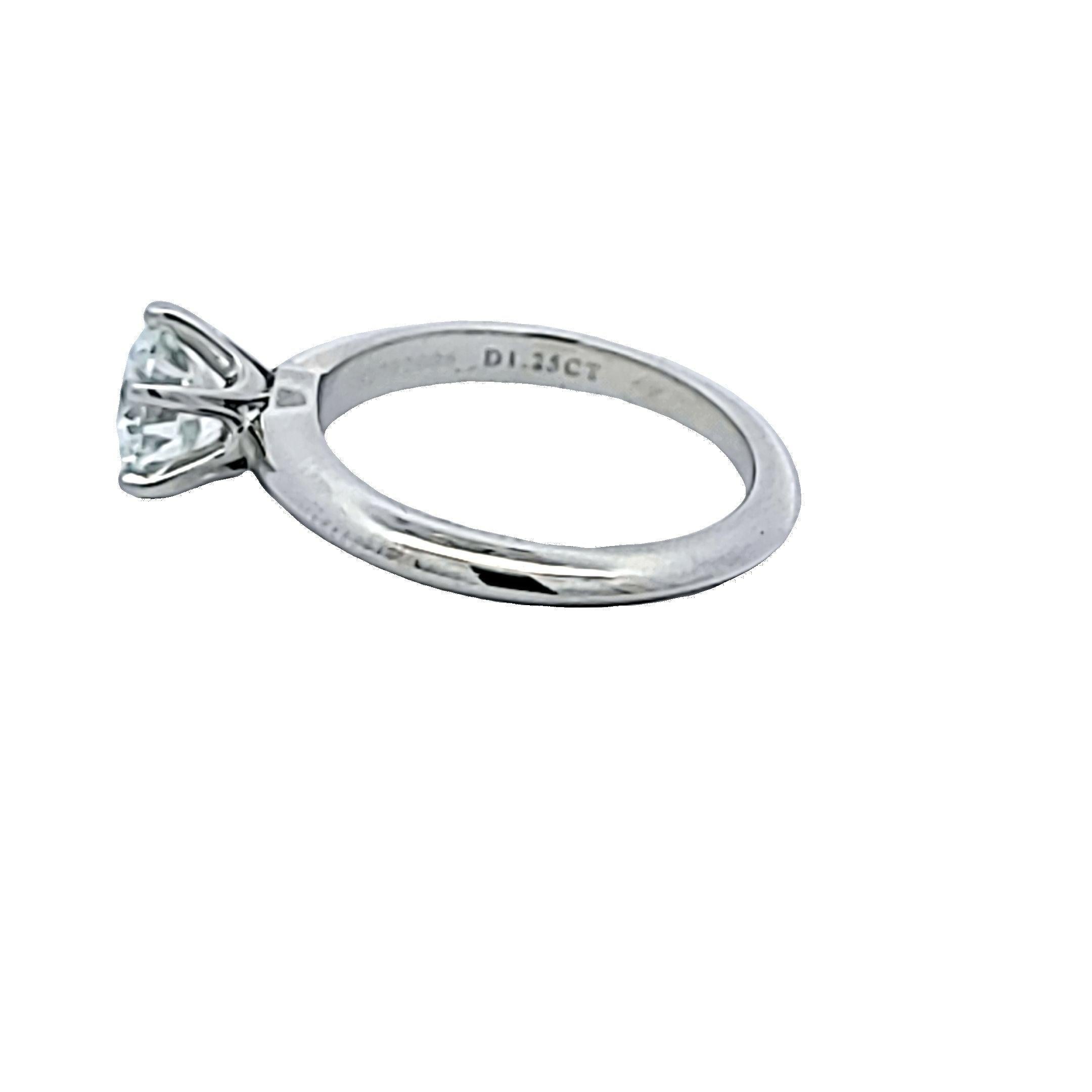 Designer:
Tiffany & Co


Title:
Tiffany & Co 1.25 Carat Round Brilliant G VS1 Diamond Platinum Engagement Ring


Style:
Engagement


Metal:
Platinum


Gemstone 1:
1.25 Carat Diamond


Number of Stones:
1


Color:
G


Clarity:
VS1


Shape:
Round