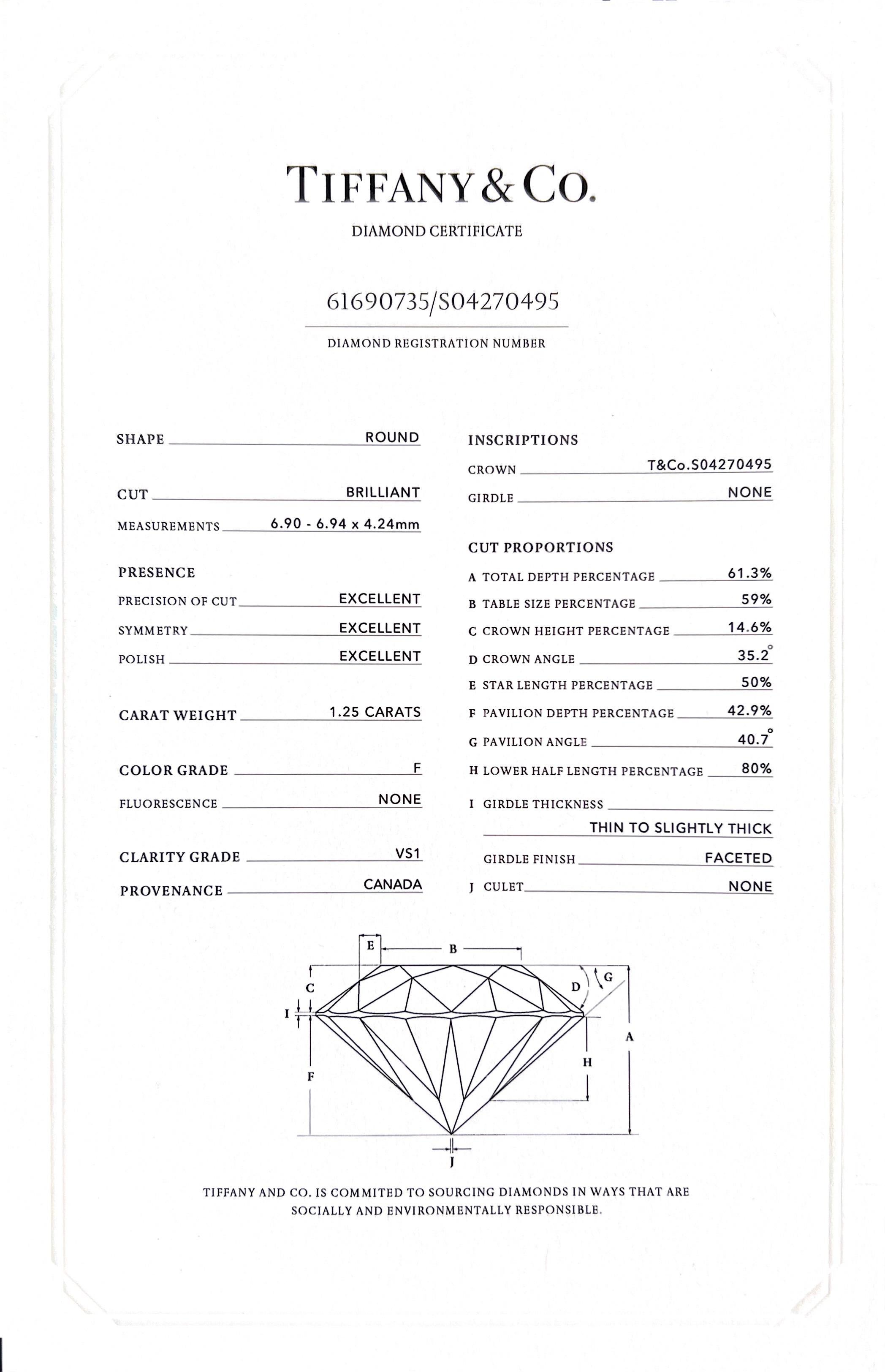 Tiffany & Co. 1,25 Karat. F/VS1 Verlobungsring aus Platin mit Diamant und Platin im Angebot 3