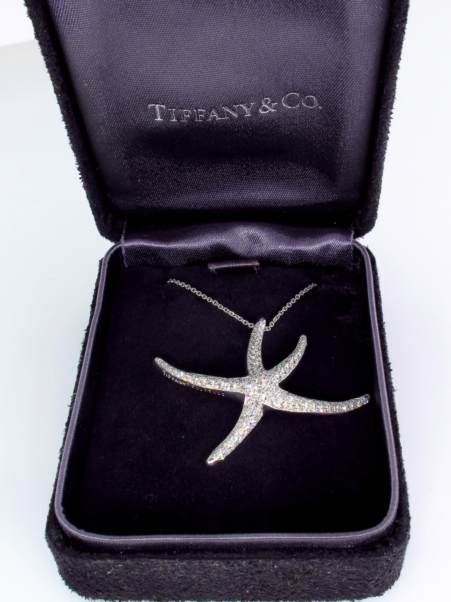 Round Cut Tiffany & Co 1.25ct Starfish Pave Diamond Platinum Pendant Necklace Elsa Peretti
