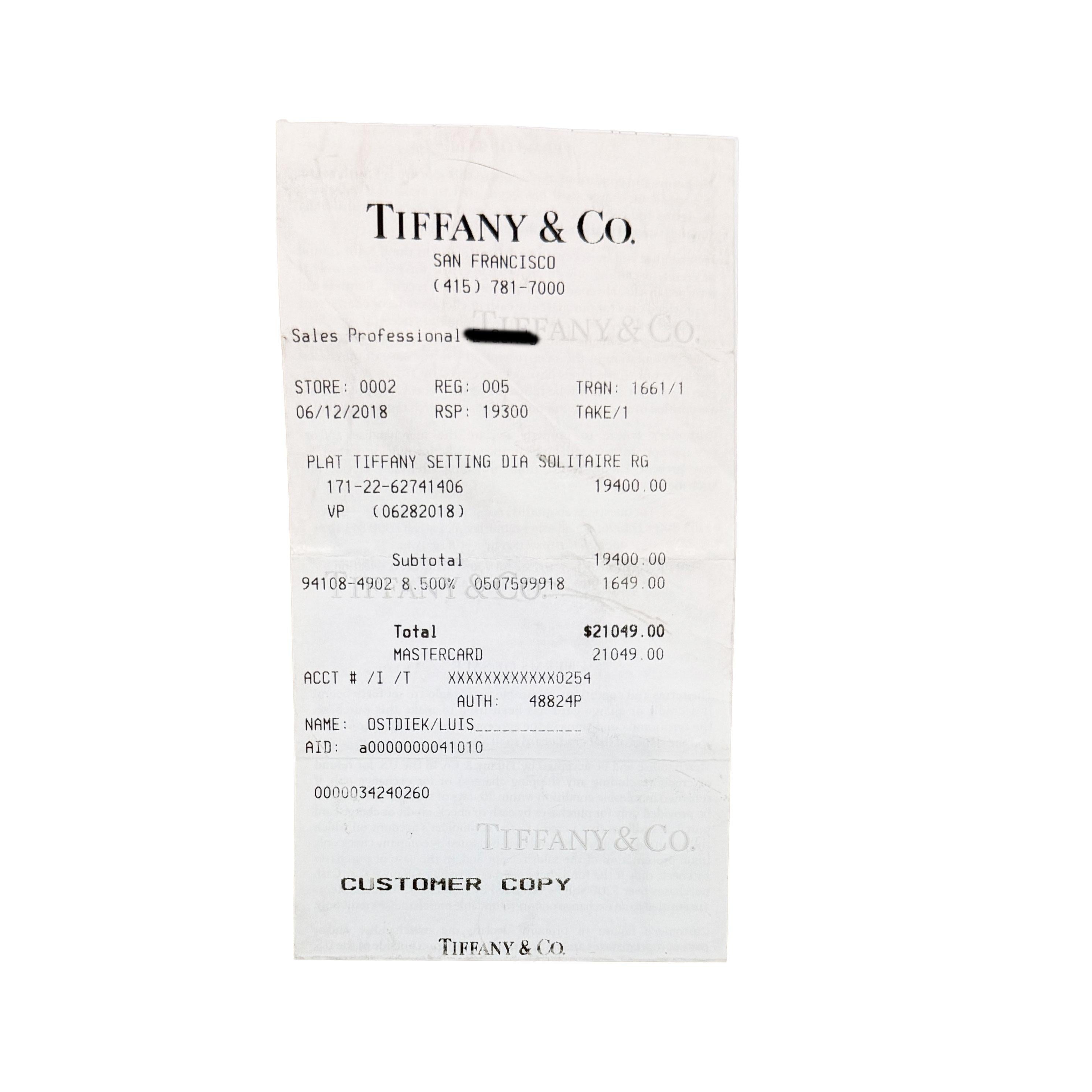 Tiffany & Co. Anillo de compromiso de diamante brillante redondo de 1.28 ct en venta 2