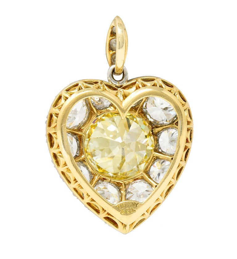 Edwardian Tiffany & Co. 12.81 Carat Natural Yellow Diamond 18 Karat Gold Heart Pendant GIA For Sale