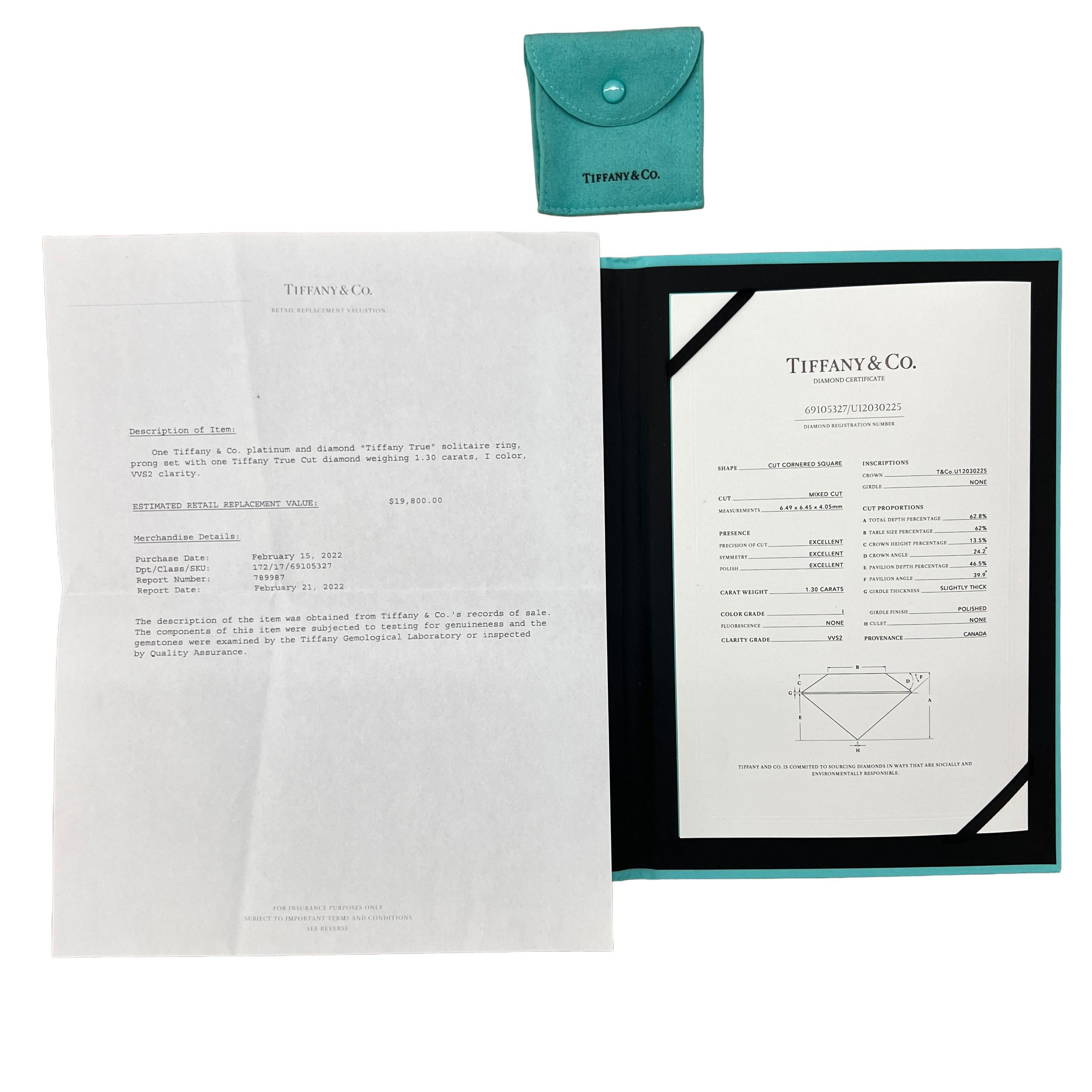 Donna Tiffany & Co. 1,3 ct Taglio ad angolo con diamante taglio quadrato Tiffany True Solitaire in vendita