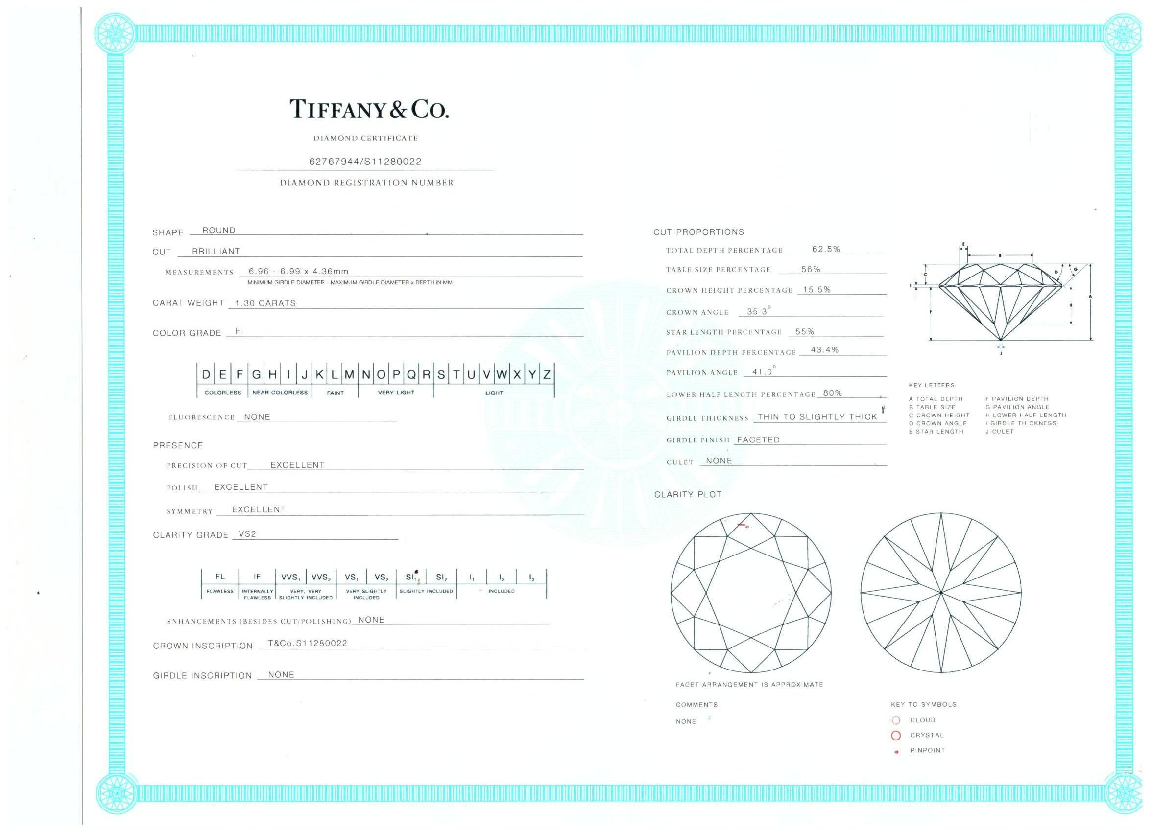 Tiffany & Co 1.30 Carat Round Brilliant H VS2 Diamond Platinum Engagement Ring For Sale 4