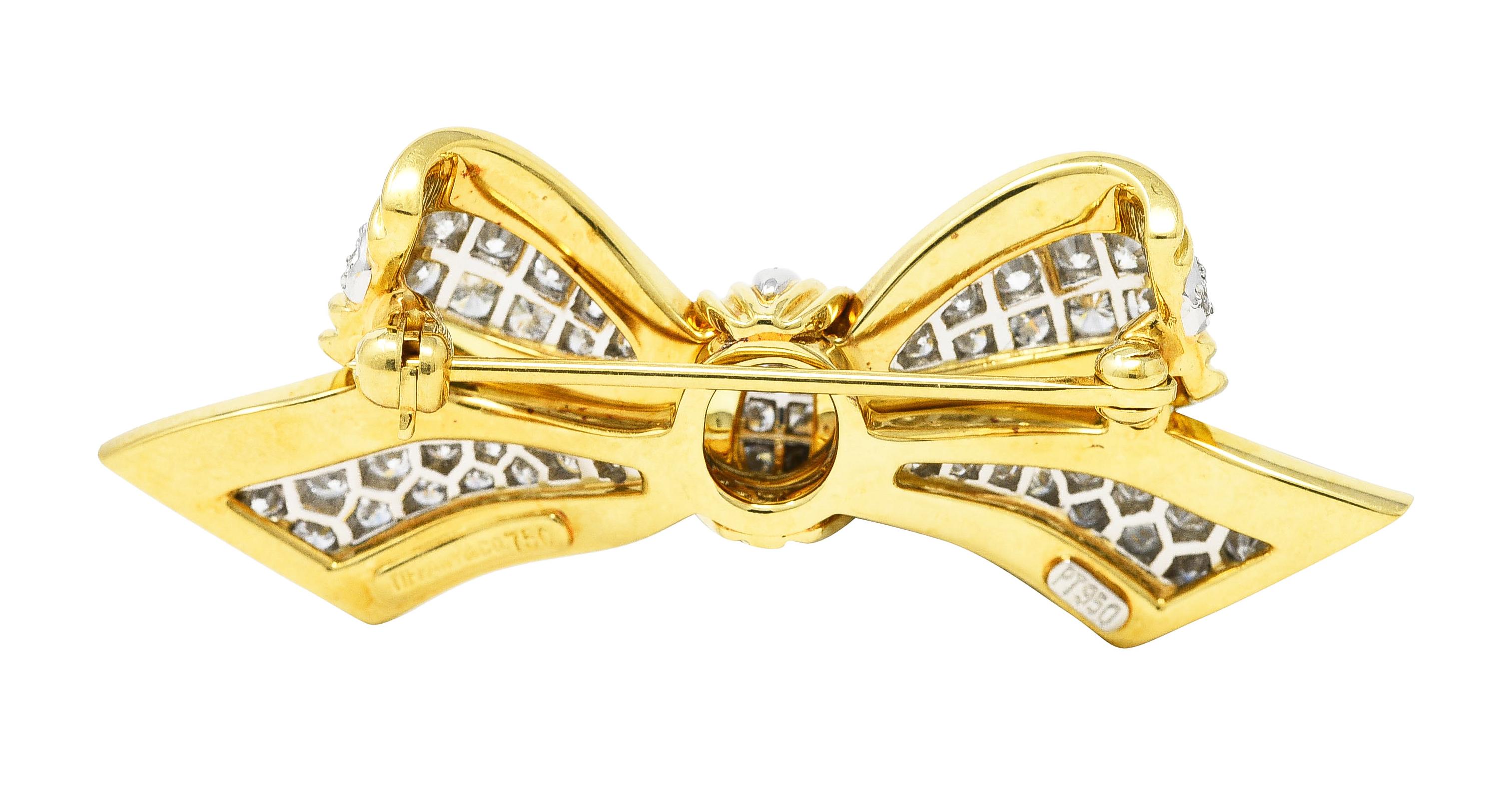 Contemporary Tiffany & Co. 1.30 Cts Diamond Platinum 18 Karat Yellow Gold Vintage Bow Brooch