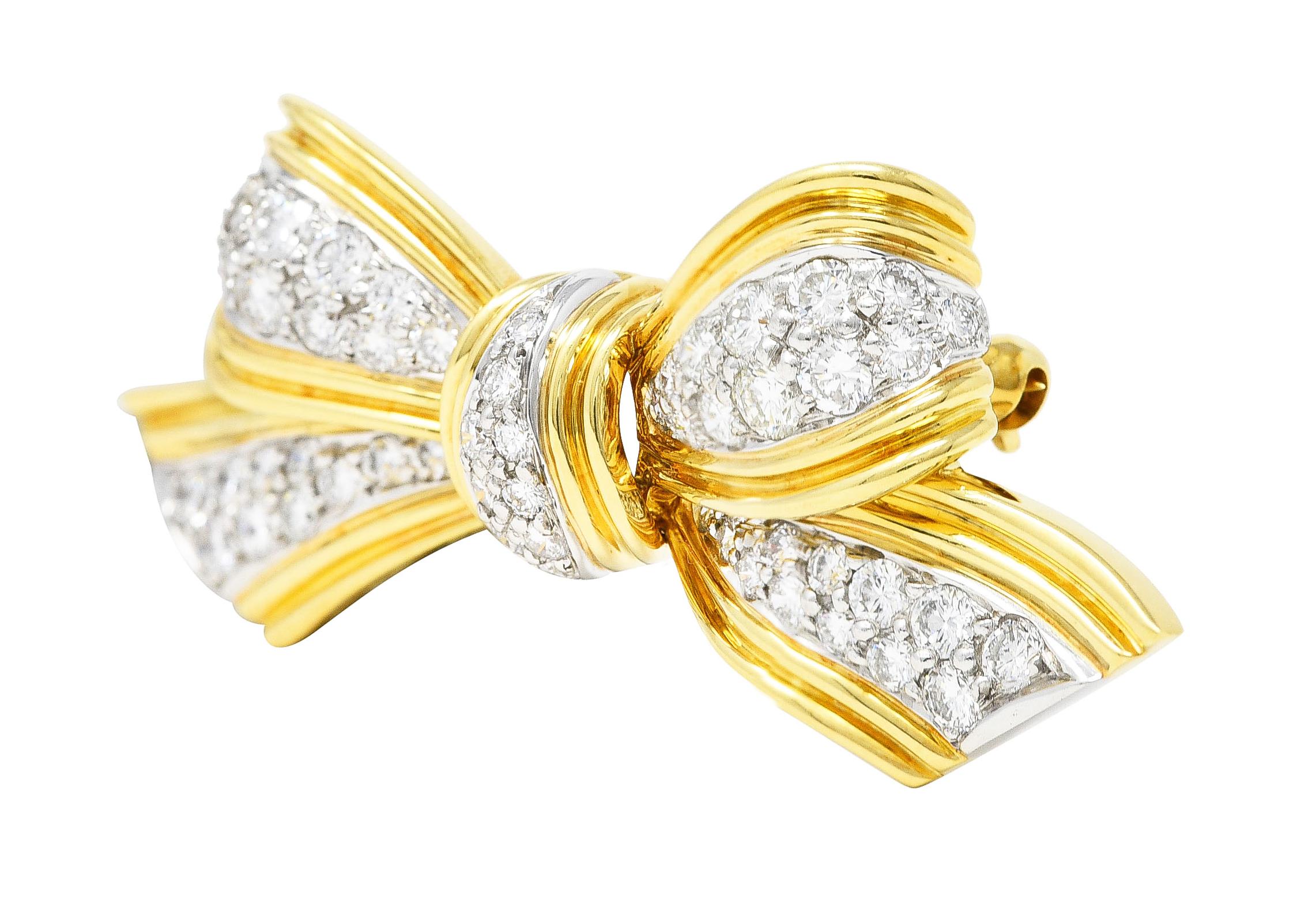 Brilliant Cut Tiffany & Co. 1.30 Cts Diamond Platinum 18 Karat Yellow Gold Vintage Bow Brooch