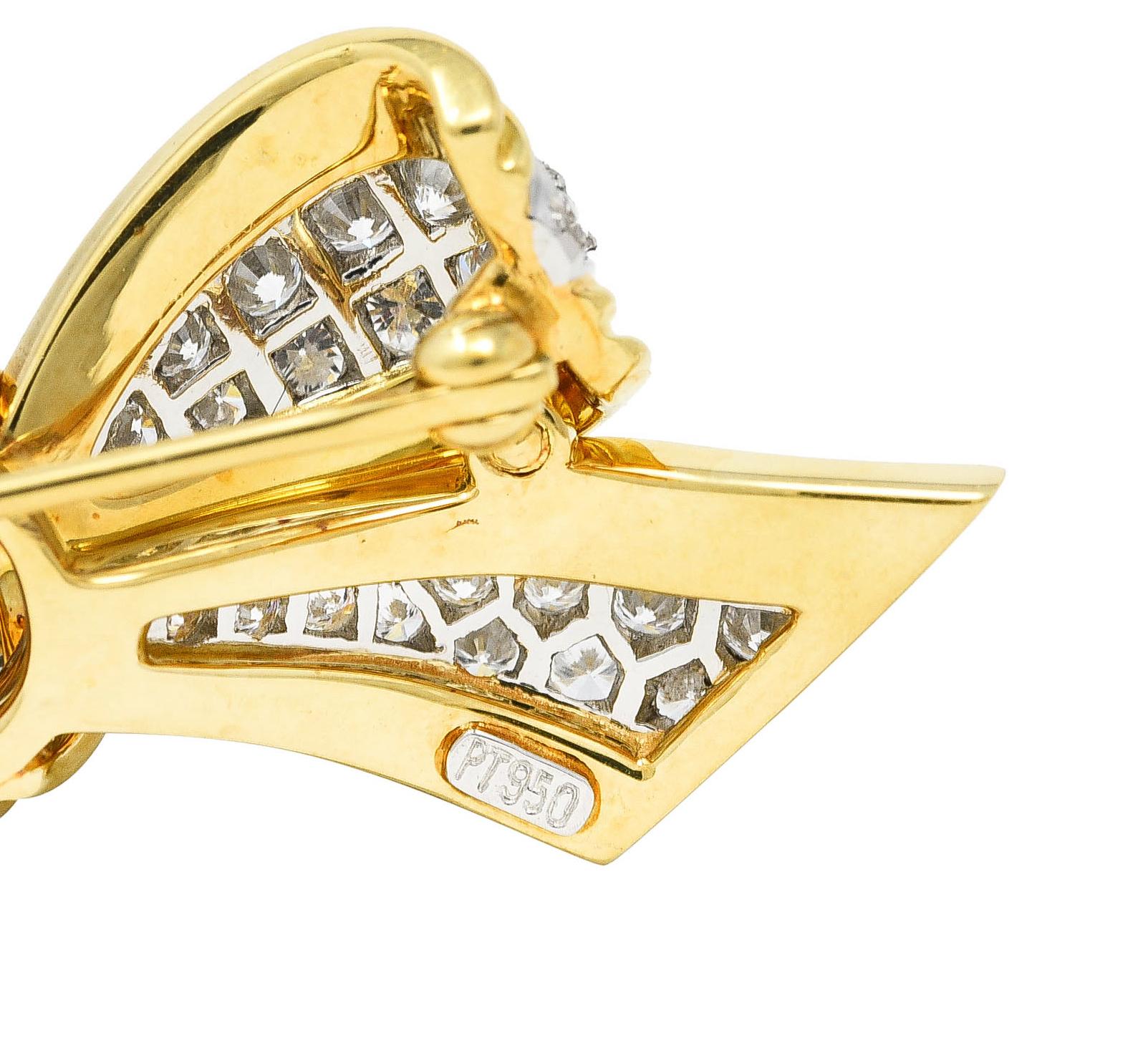 Women's or Men's Tiffany & Co. 1.30 Cts Diamond Platinum 18 Karat Yellow Gold Vintage Bow Brooch