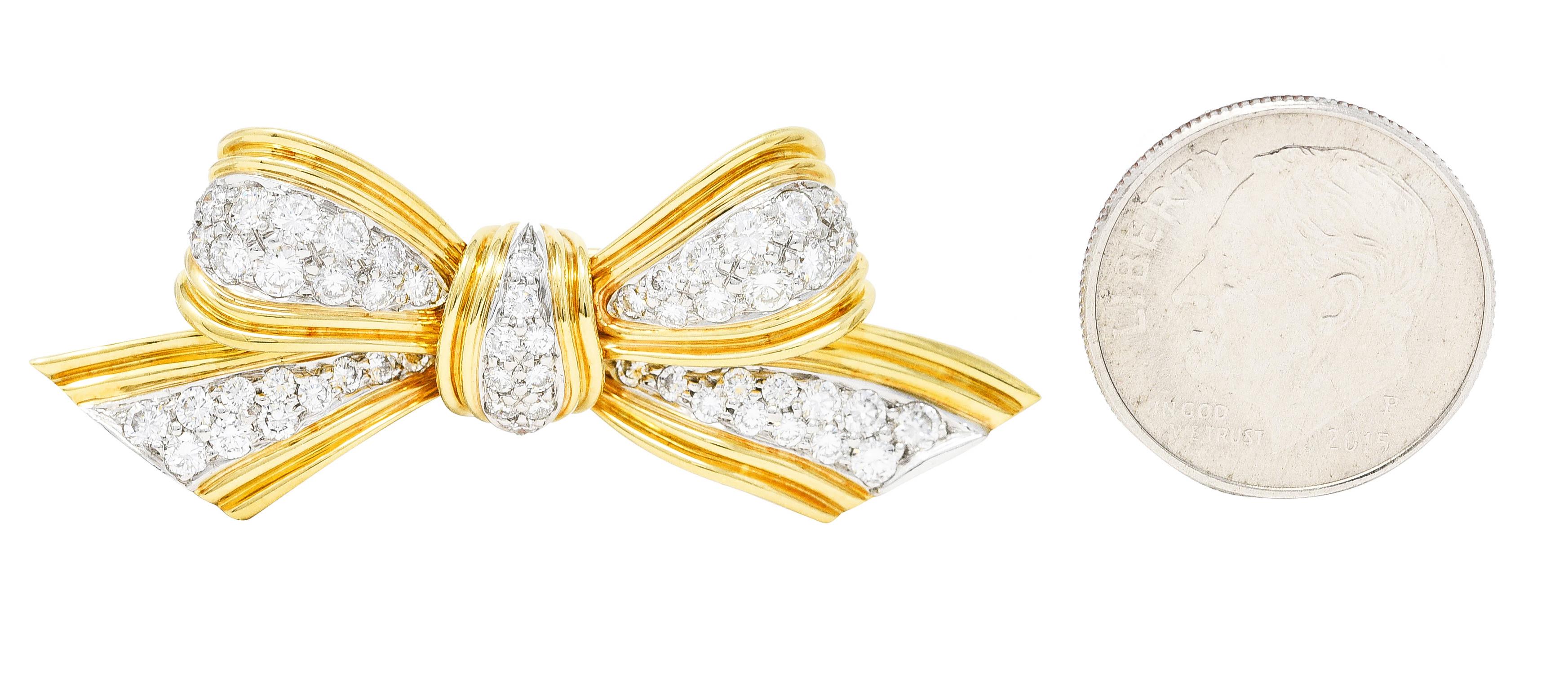 Tiffany & Co. 1.30 Cts Diamond Platinum 18 Karat Yellow Gold Vintage Bow Brooch 1
