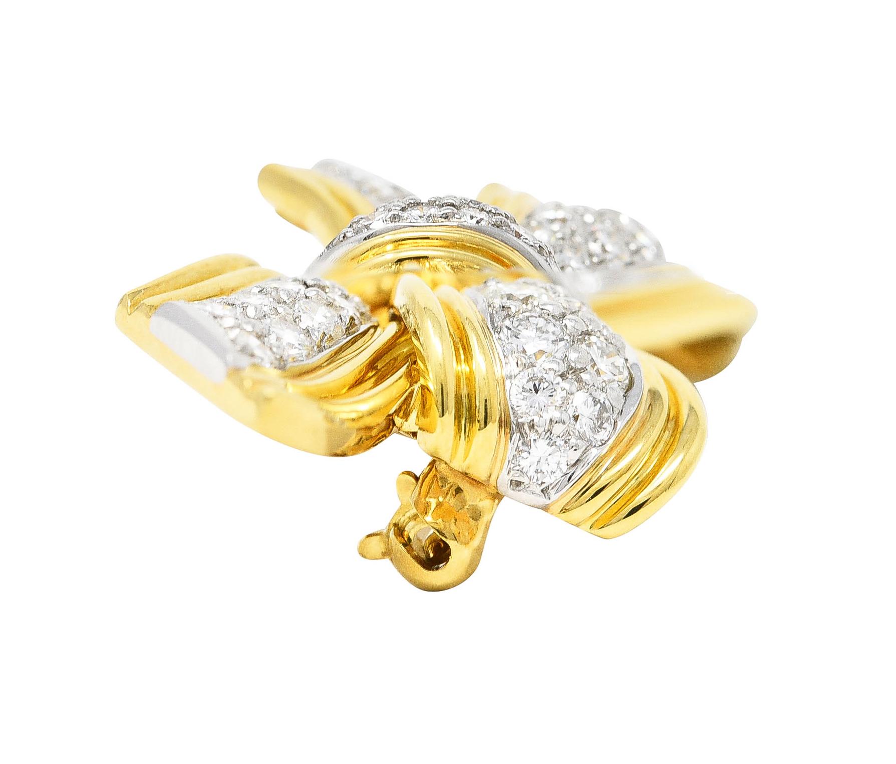 Tiffany & Co. 1.30 Cts Diamond Platinum 18 Karat Yellow Gold Vintage Bow Brooch 2