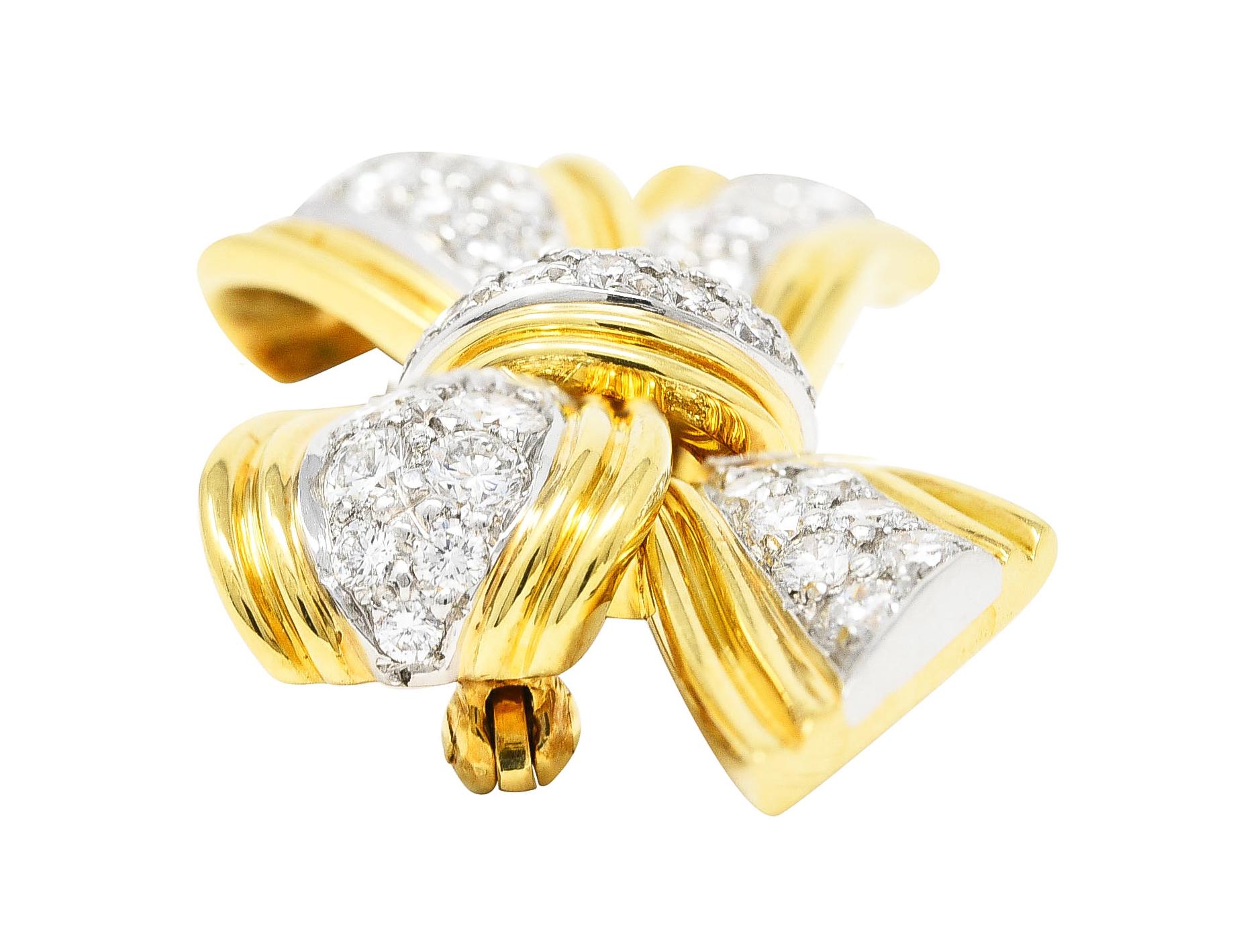 Tiffany & Co. 1.30 Cts Diamond Platinum 18 Karat Yellow Gold Vintage Bow Brooch 3