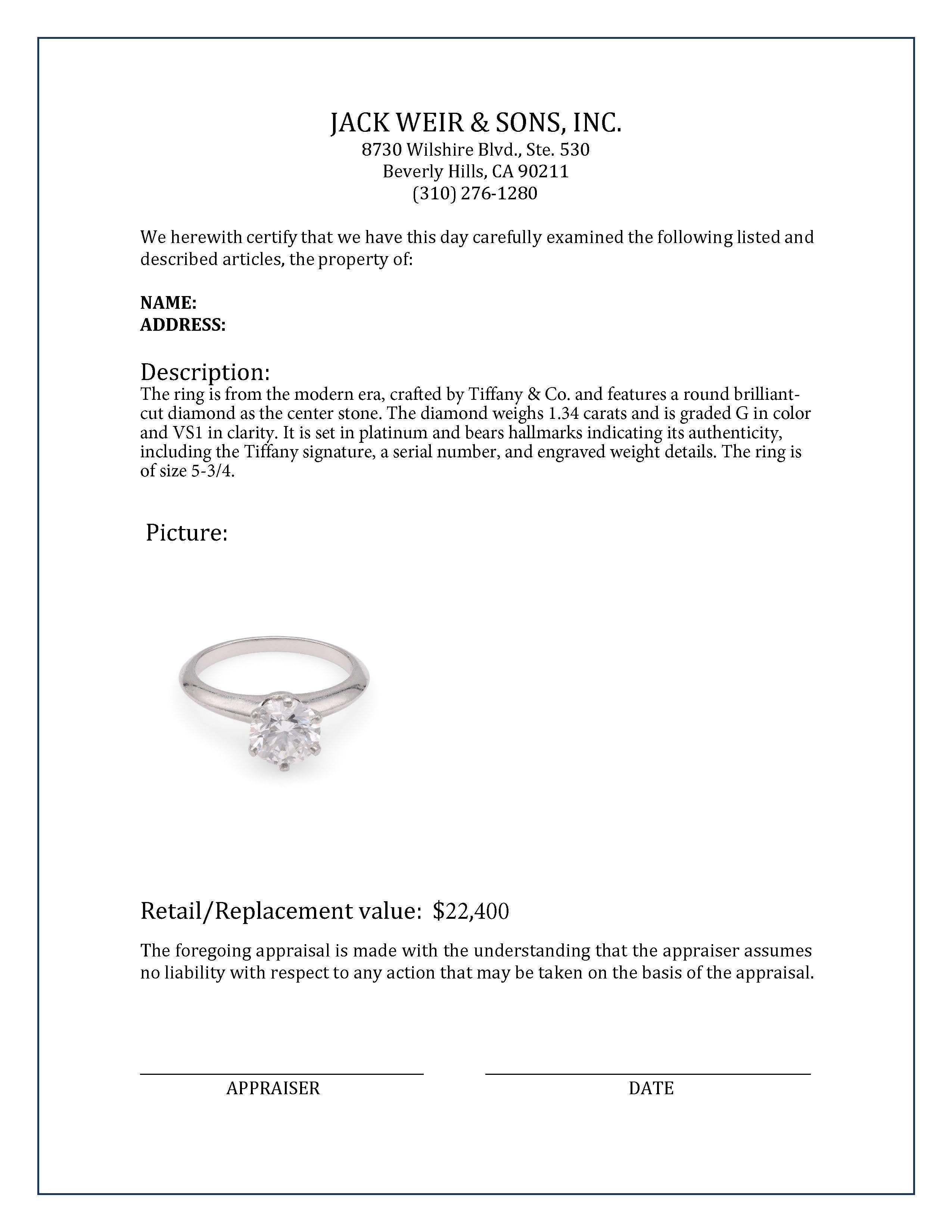 Tiffany & Co 1.34 Carat Diamond Platinum Engagement Ring In Excellent Condition In Beverly Hills, CA