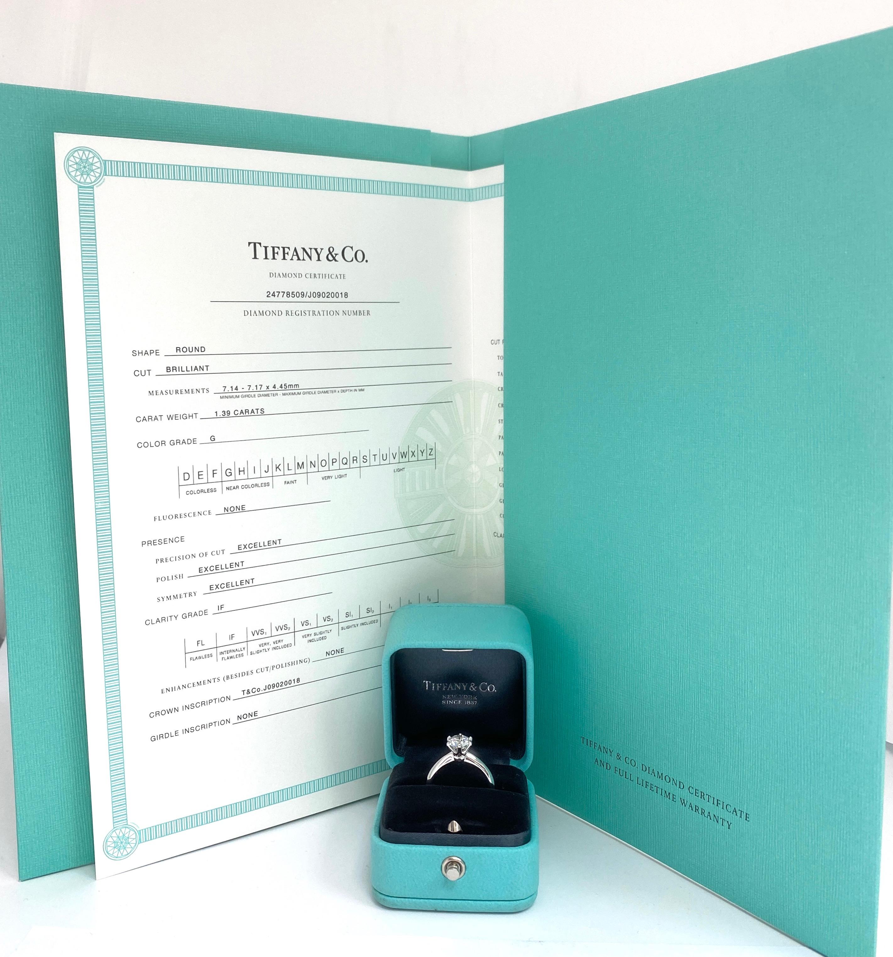 Women's or Men's Tiffany & Co. 1.39 Ct G, IF Internally Flawless 3x Excellent Engagement Ring