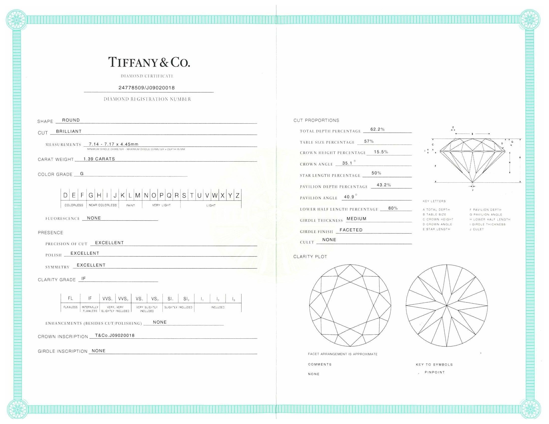 Women's or Men's Tiffany & Co. 1.39 Ct Center G, IF 'Internally Flawless' 
