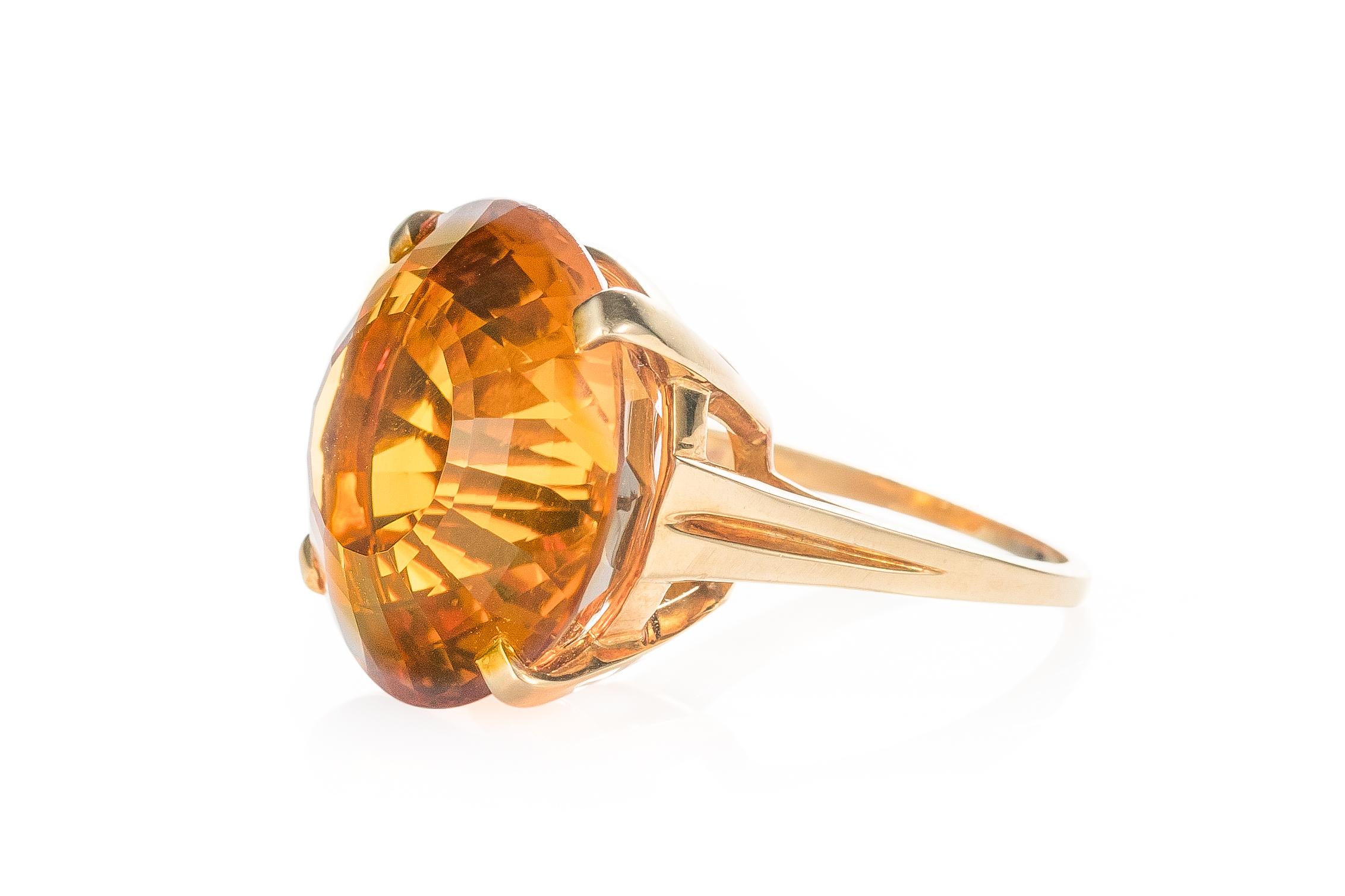 Item Details
Metal type: 18 Karat Yellow Gold
Weight: 15 grams
Fits ring Size: 6 (resizable)

Features a stunning 14 carat Round Intense Orange Citrine 
Made by Tiffany & Co in the 1980s 