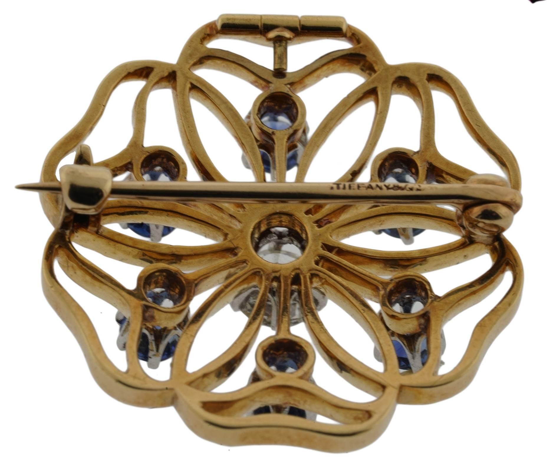 Taille vieille Europe Tiffany & Co. Broche ancienne en or jaune 14 carats avec saphirs et diamants en vente