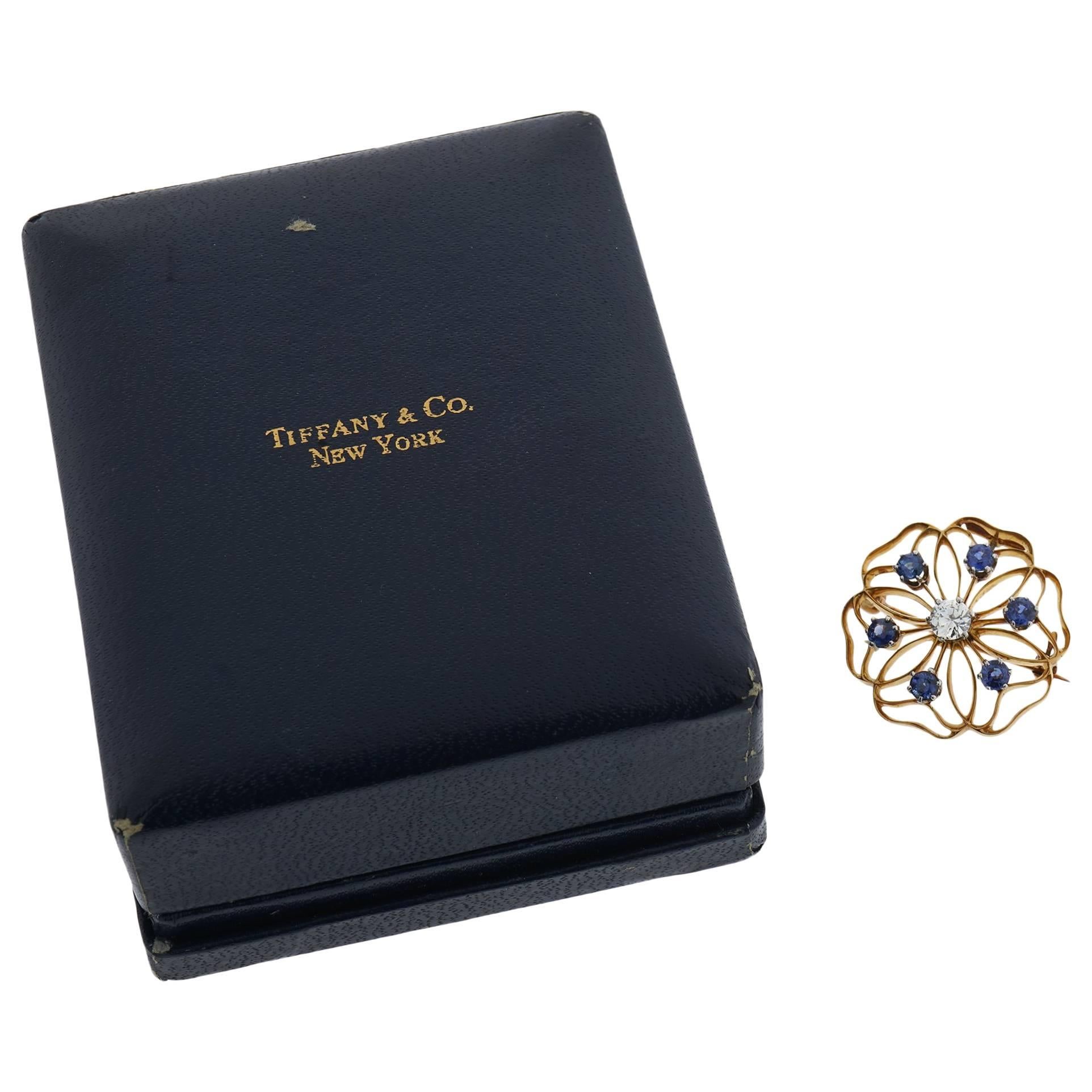 Tiffany & Co. 14 Karat Antique Yellow Gold Sapphire and Diamond Pin