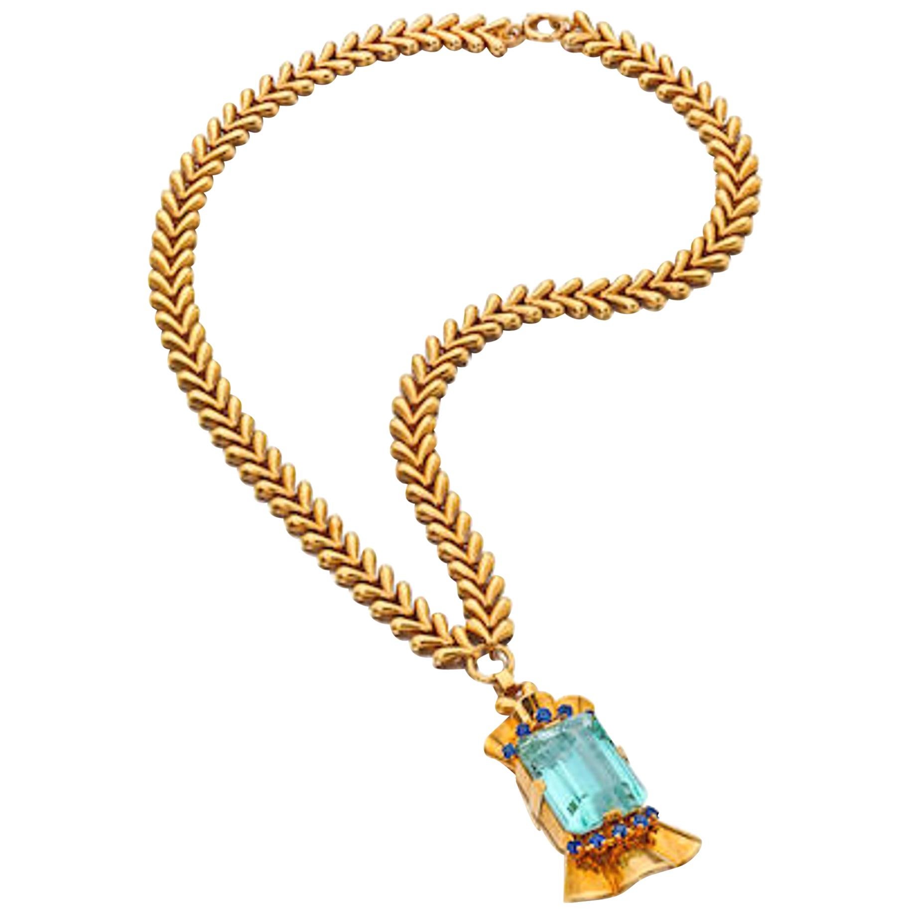 Tiffany & Co. 14 Karat Gold Aquamarine and Sapphire Pendant Necklace