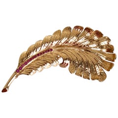 Tiffany & Co. 14 Karat Gold Feather Brooch Pin Ruby, Matching Ear Clips Set